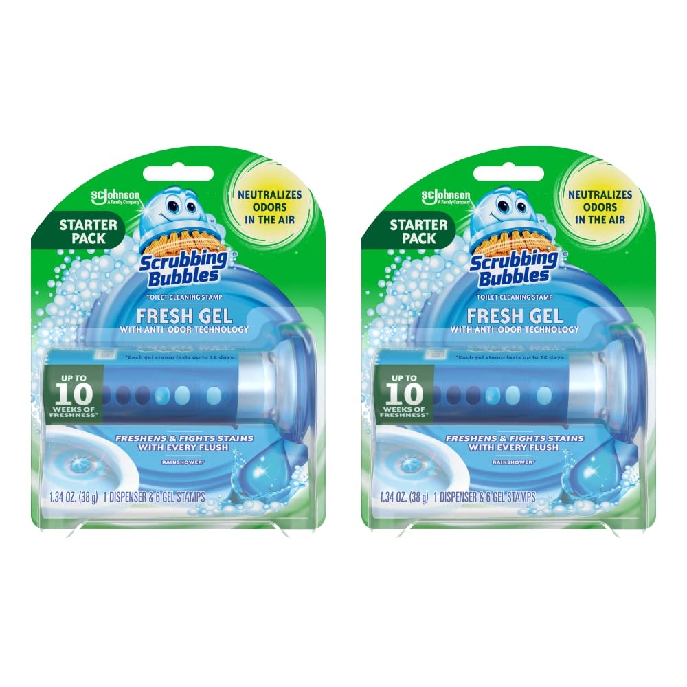 Scrubbing Bubbles Fresh Gel Toilet Bowl Cleaning Stamps - 2 Pack with 6 Gel Stamps | Prevents Limescale & Rings | Rainshower Scent | Easy Toilet Cleaning Solution for Bathroom Maintenance | Perfect for Homes, Hotels, and Offices