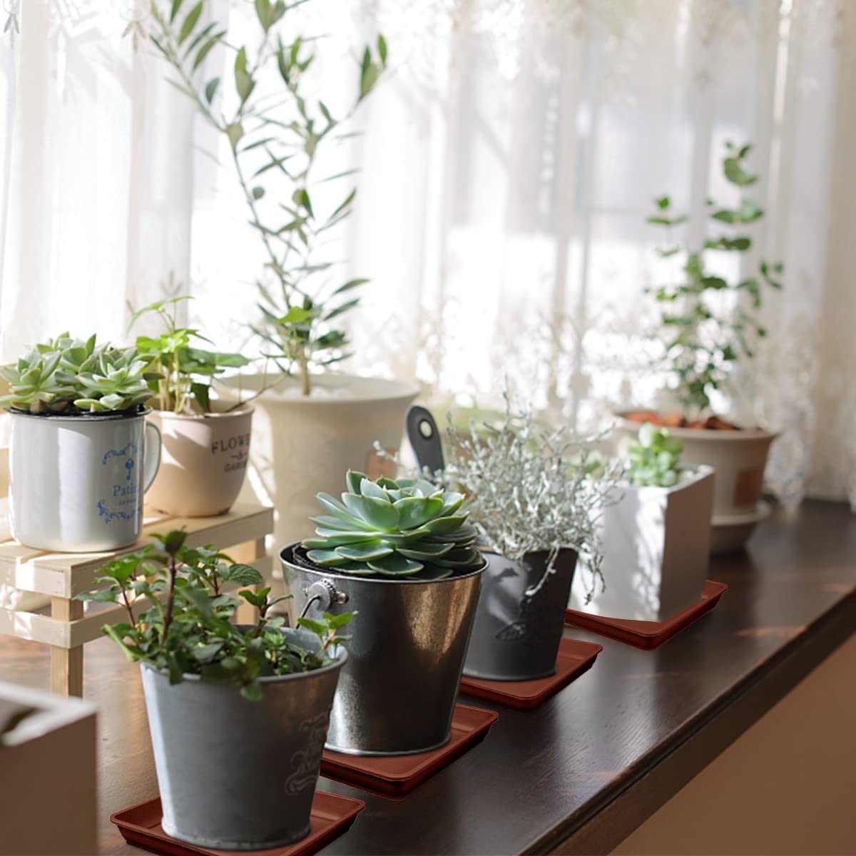 10 Pack 6 Inch Square Plastic Plant Saucers - Heavy Duty Flower Pot Drip Trays for Indoor/Outdoor Potted Plants - Garden Plant Water Catchers & Soil Protectors (Brown) - Perfect for Balcony, Patio & Greenhouses