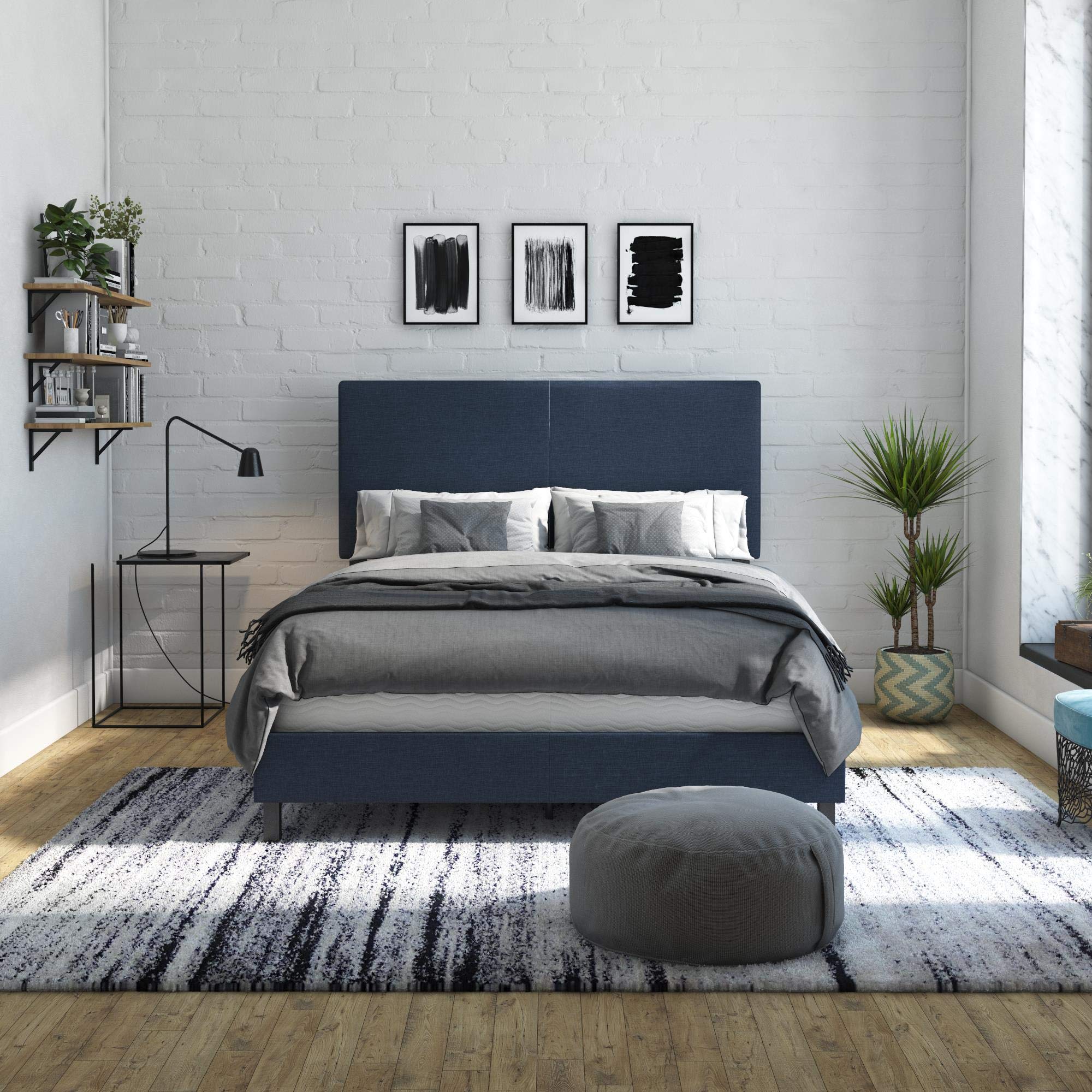 DHP Janford Upholstered Queen Size Bed Frame with Navy Blue Linen Fabric - Modern Platform Bed for Bedroom, Guest Room & Apartment