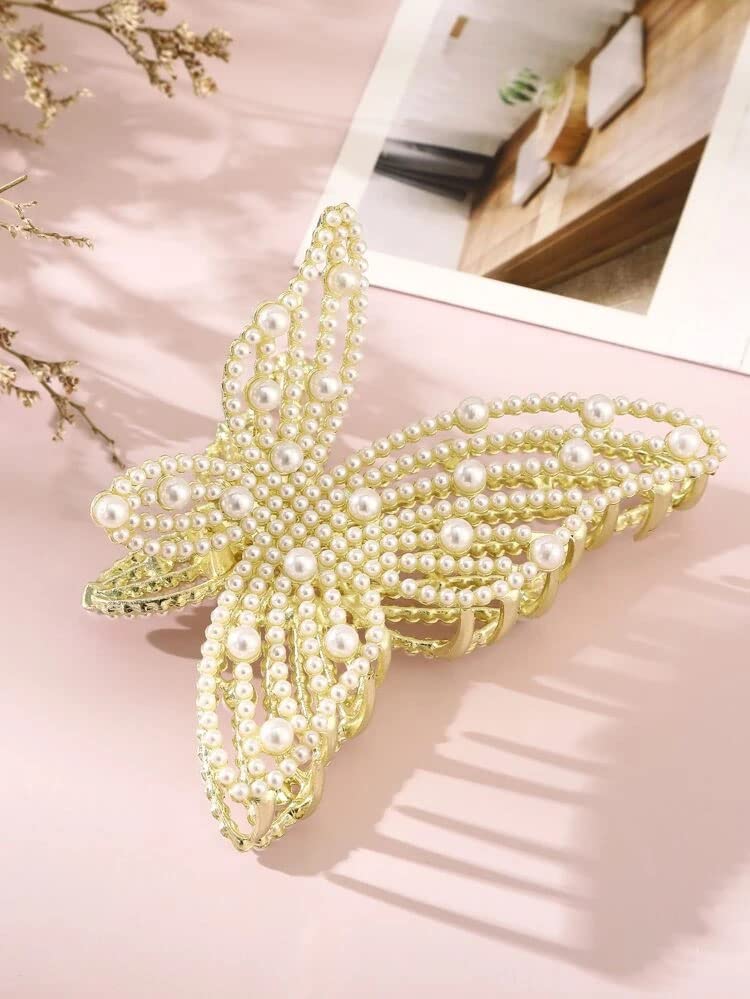 **Ashkash Rhinestone Butterfly Claw Clips - Shiny Pearl & Gold Metal Hair Clips for Women, Non-Slip Strong Hold Jaw Clips for Thin & Thick Hair - Perfect for Parties, Weddings & Everyday Styling**