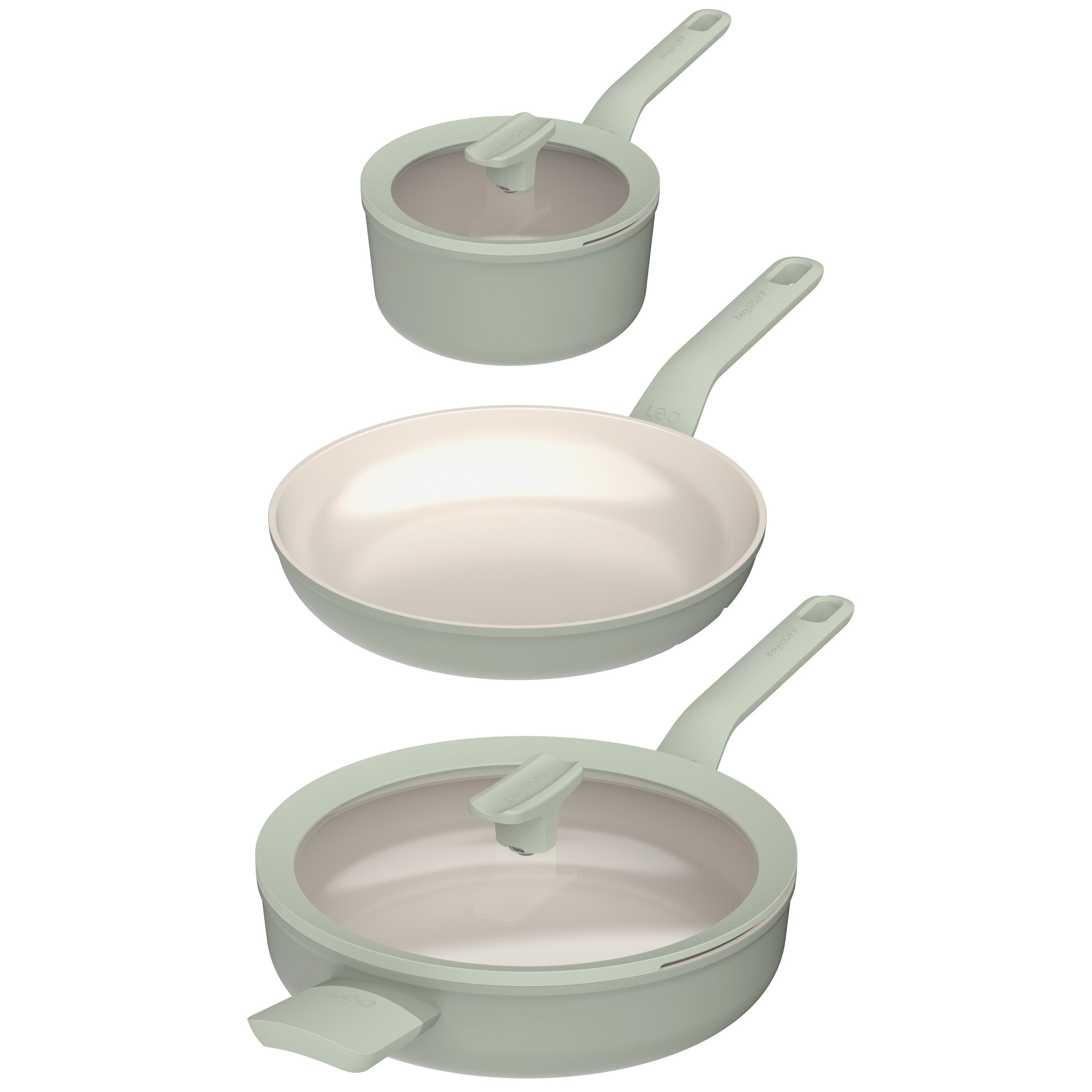 BergHOFF Leo Balance 5-Piece Nonstick Aluminum Cookware Set with Glass Lids - Sage Green | Durable Kitchen Pots & Pans for Sauteing, Frying & Everyday Cooking