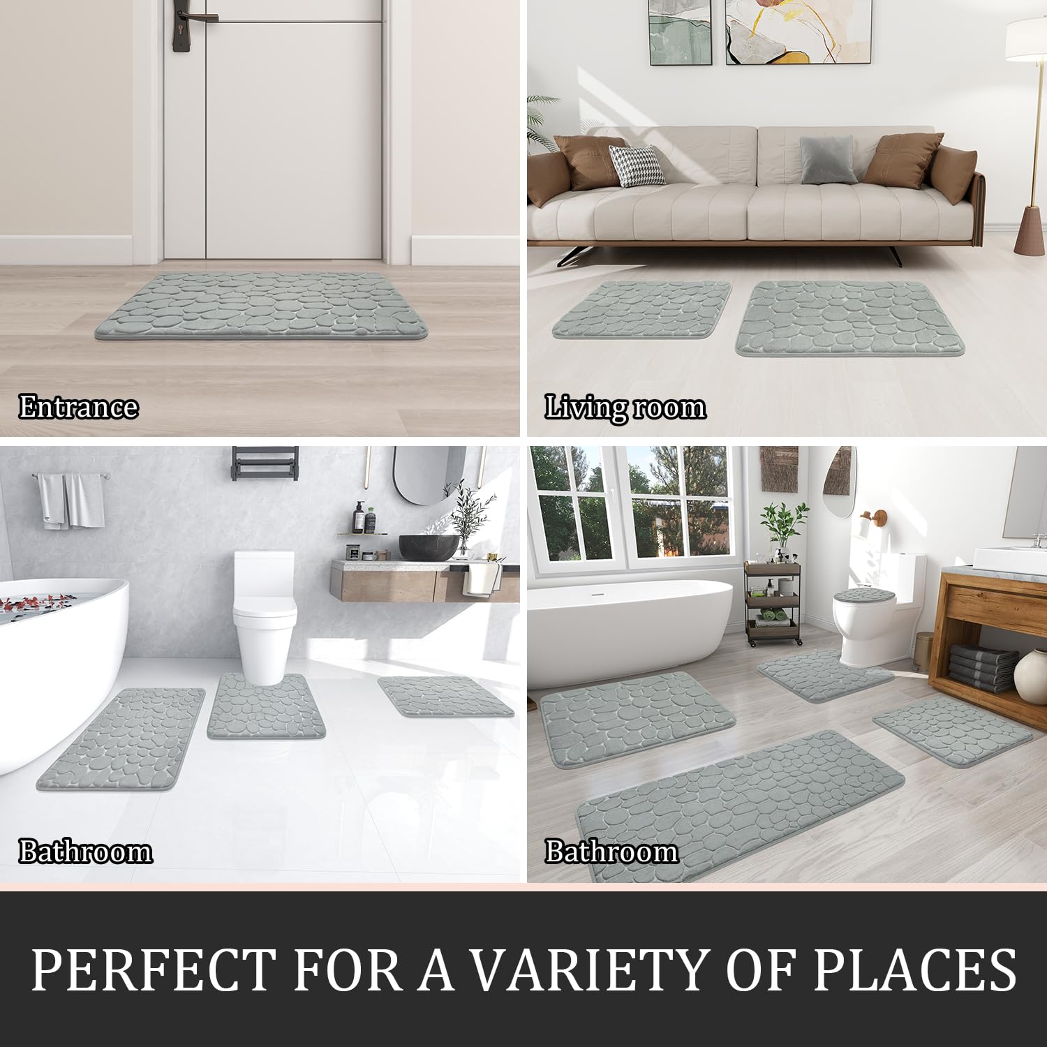 YIHOUSE 3-Piece Memory Foam Bathroom Rugs Set - Non-Slip, Washable for Tub & Floor