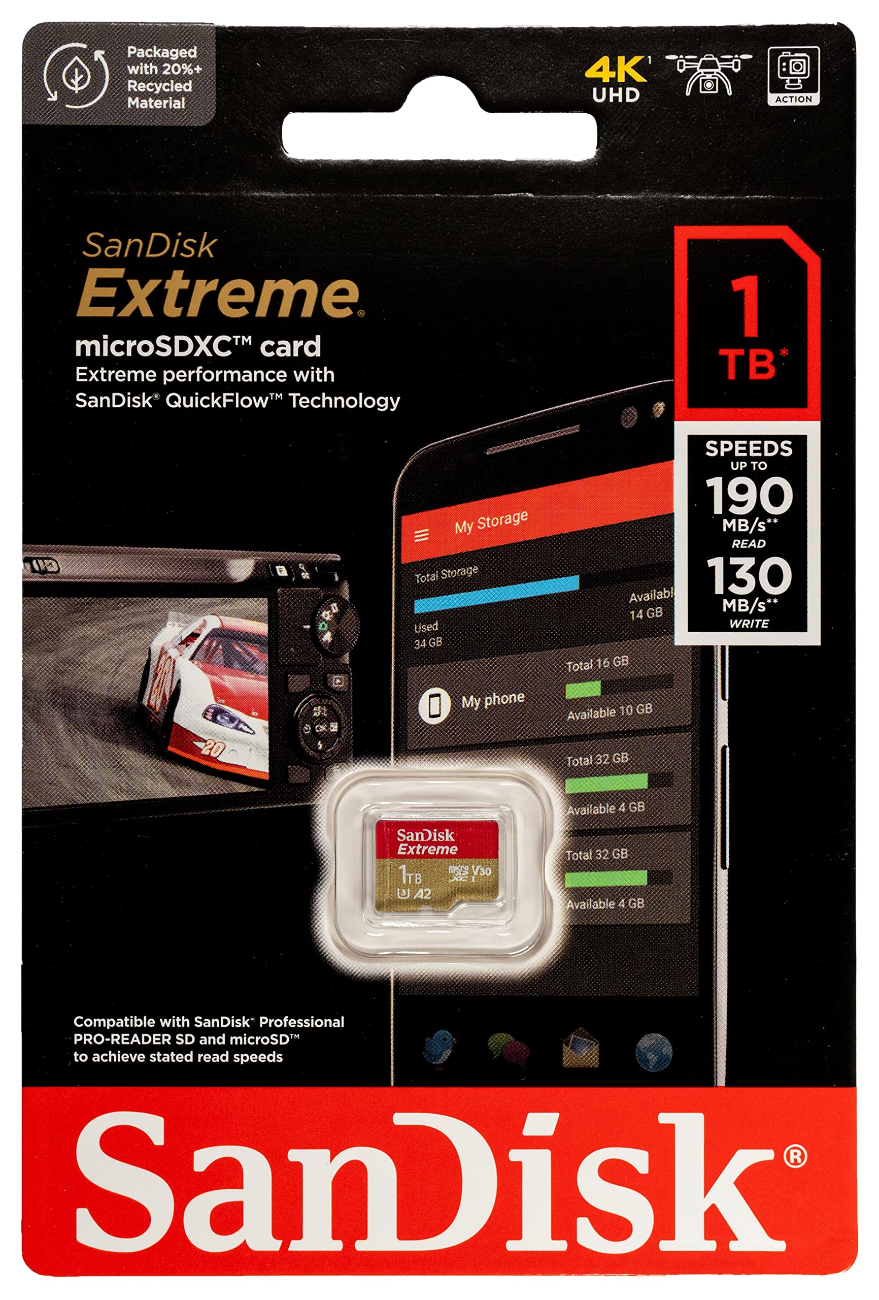 SanDisk 1TB MicroSDXC Extreme Memory Card - U3 V30 A2 for Tablets, Samsung Galaxy Tab S9 FE/FE+ (SDSQXAV-1T00-GN6MN) - High Speed 160MB/s Transfer - Includes SD/MicroSD Card Reader - Perfect for 4K Video, Gaming & Mobile Storage Expansion
