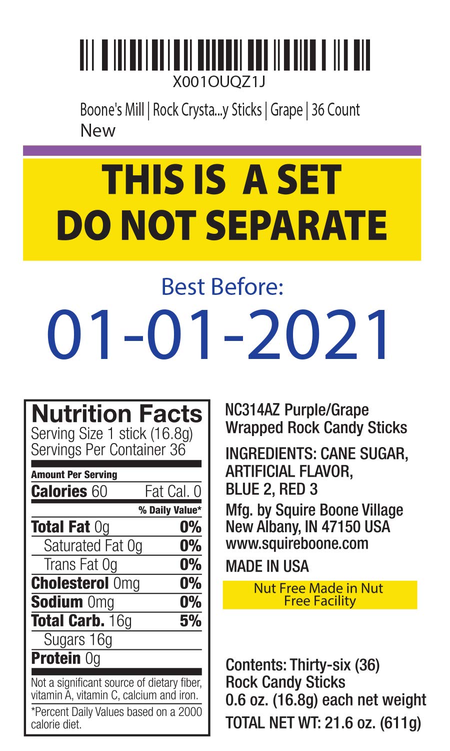 Boone's Mill Rock Crystal Candy Sticks - Purple Grape Flavor, Pack of 36 | Vintage Hard Candy for Parties, Gifts & Nostalgic Treats