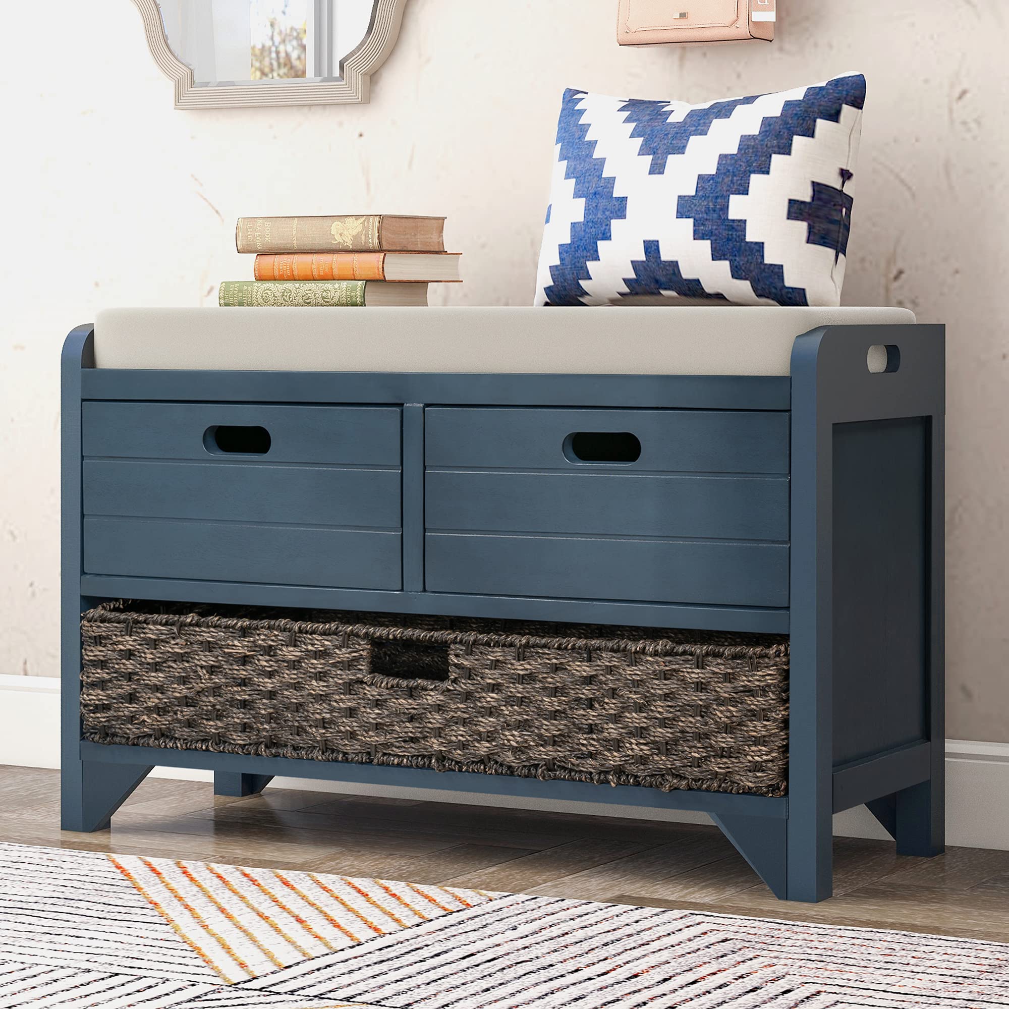 P PURLOVE Fully Assembled Wooden Entryway Storage Bench with Removable Cushion, 2 Drawers & Basket - Shoe Organizer for Hallway, Living Room & Bedroom - Perfect for Entry Storage, Seating & Home Decor
