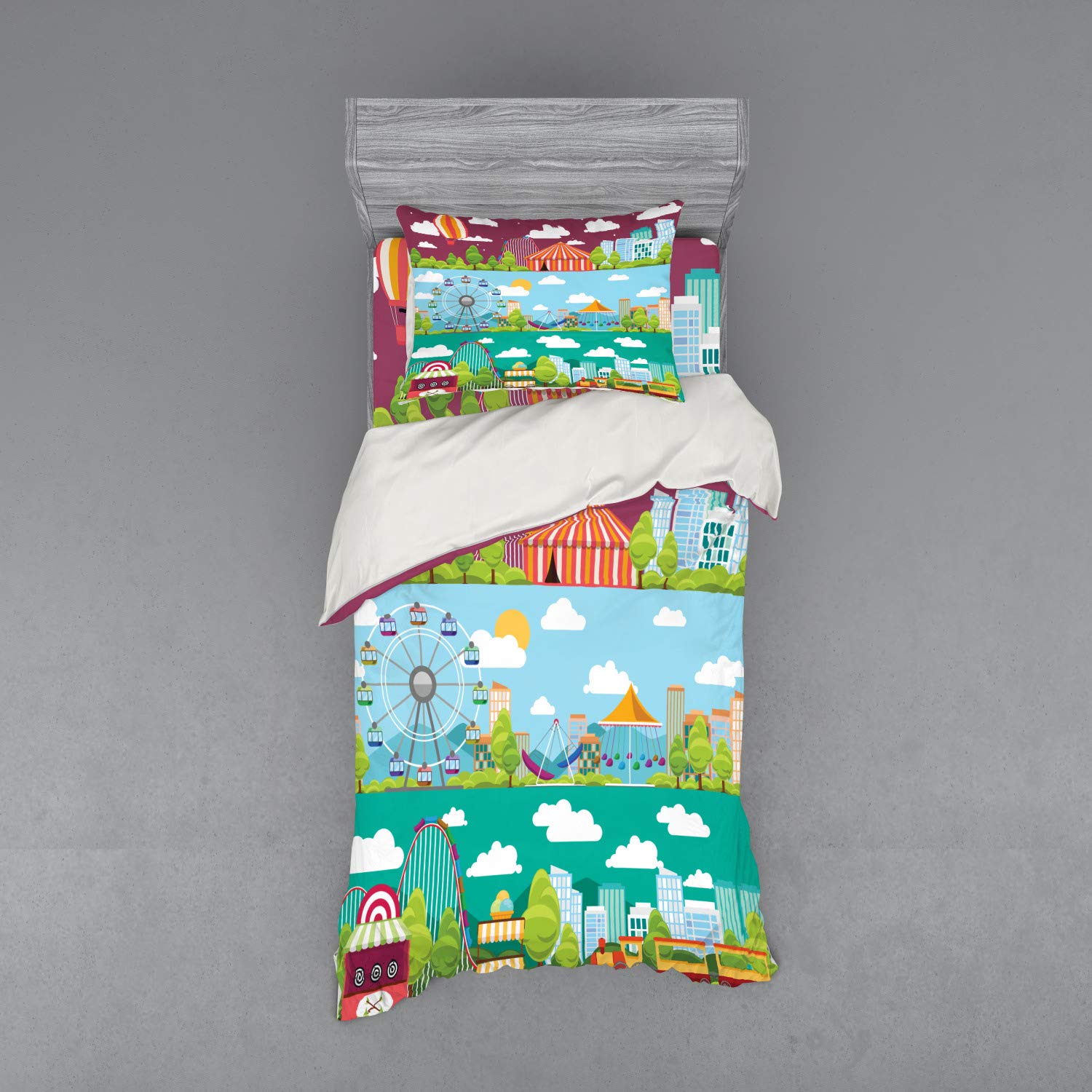 Ambesonne Circus Themed Bedding Set - 3 Piece Duvet Cover with Sham & Fitted Sheet, Twin Size, Multicolor City Carnival Design with Carousel, Slides, Swings & Ferris Wheel - Perfect for Kids' Rooms, Themed Bedrooms & Circus Lovers