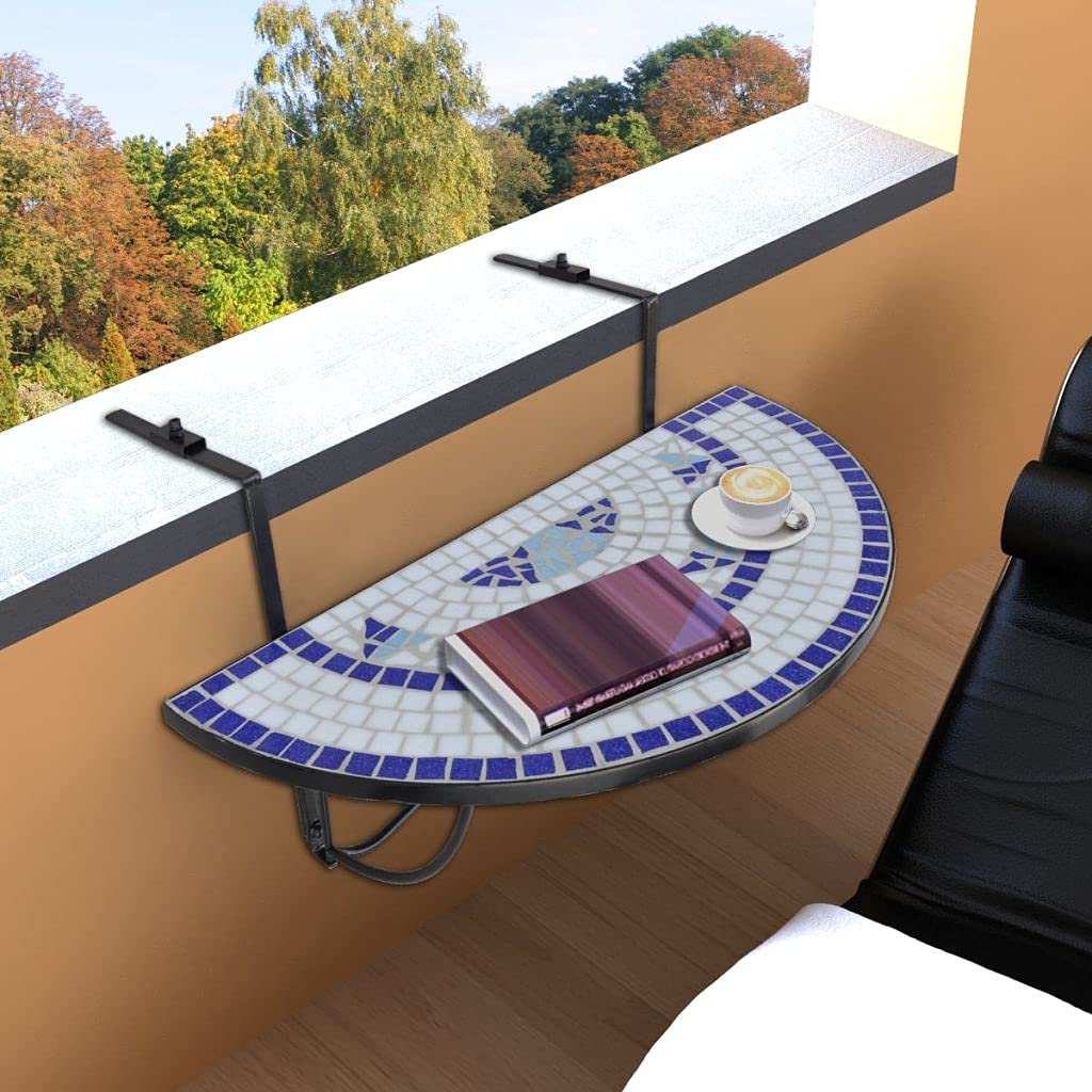 Blue and White Mosaic Patio Table - Outdoor Hanging Table for Garden, Balcony, Poolside - Weather Resistant & Stylish Decor for Relaxing Outdoors (Fast Shipping)