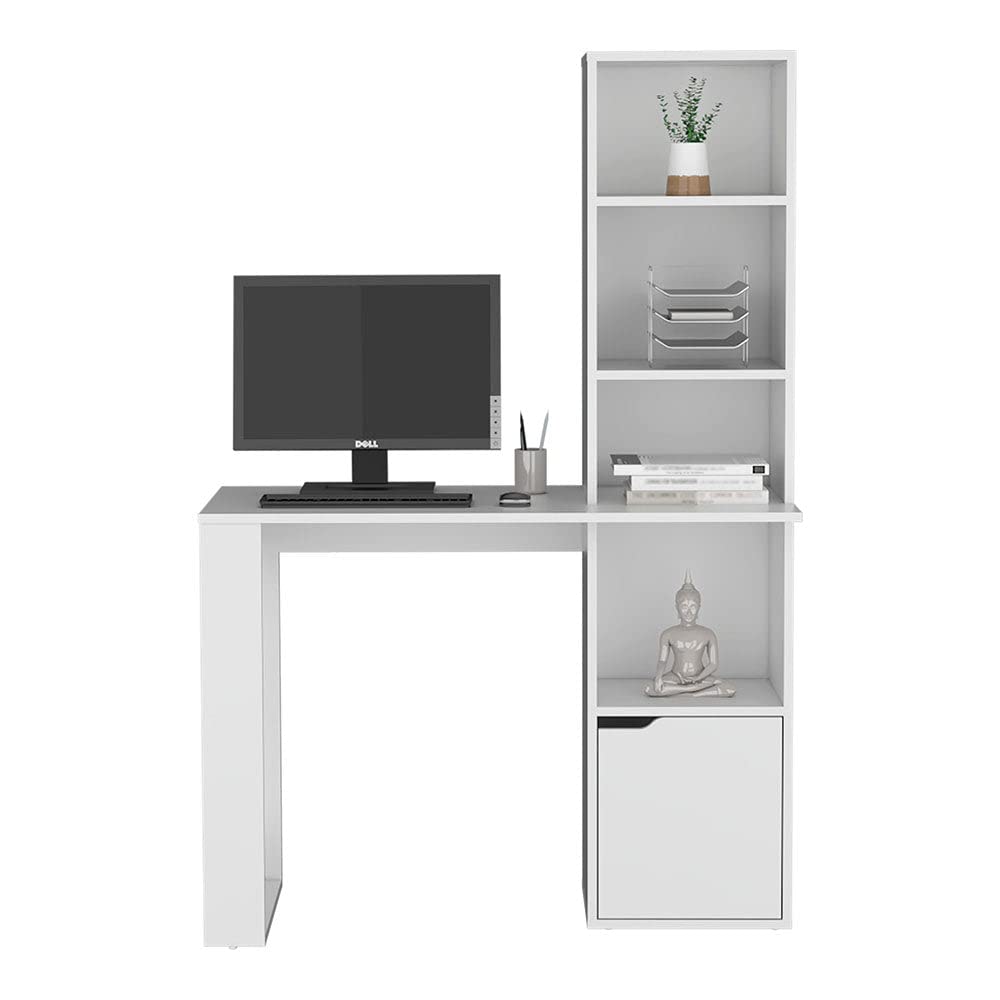 Aragon White Office Desk with 4-Tier Bookcase & Lower Cabinet - Modern Home Office Furniture for Small Spaces, Work from Home & Study Room Organization