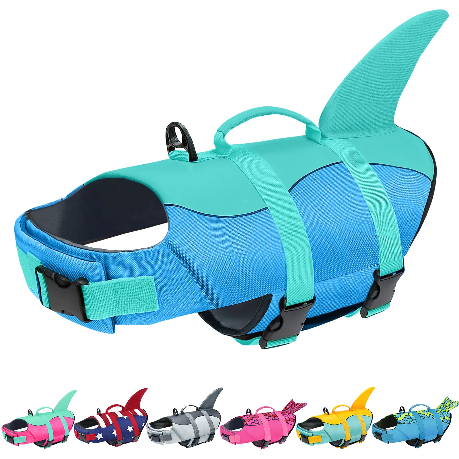Malier Ripstop Dog Life Jacket - High Buoyancy Swim Vest for Small/Medium/Large Dogs | Shark Design Puppy Life Saver for Boating & Water Safety | High Visibility Dog Floatation Device for Swimming, Kayaking & Beach Days