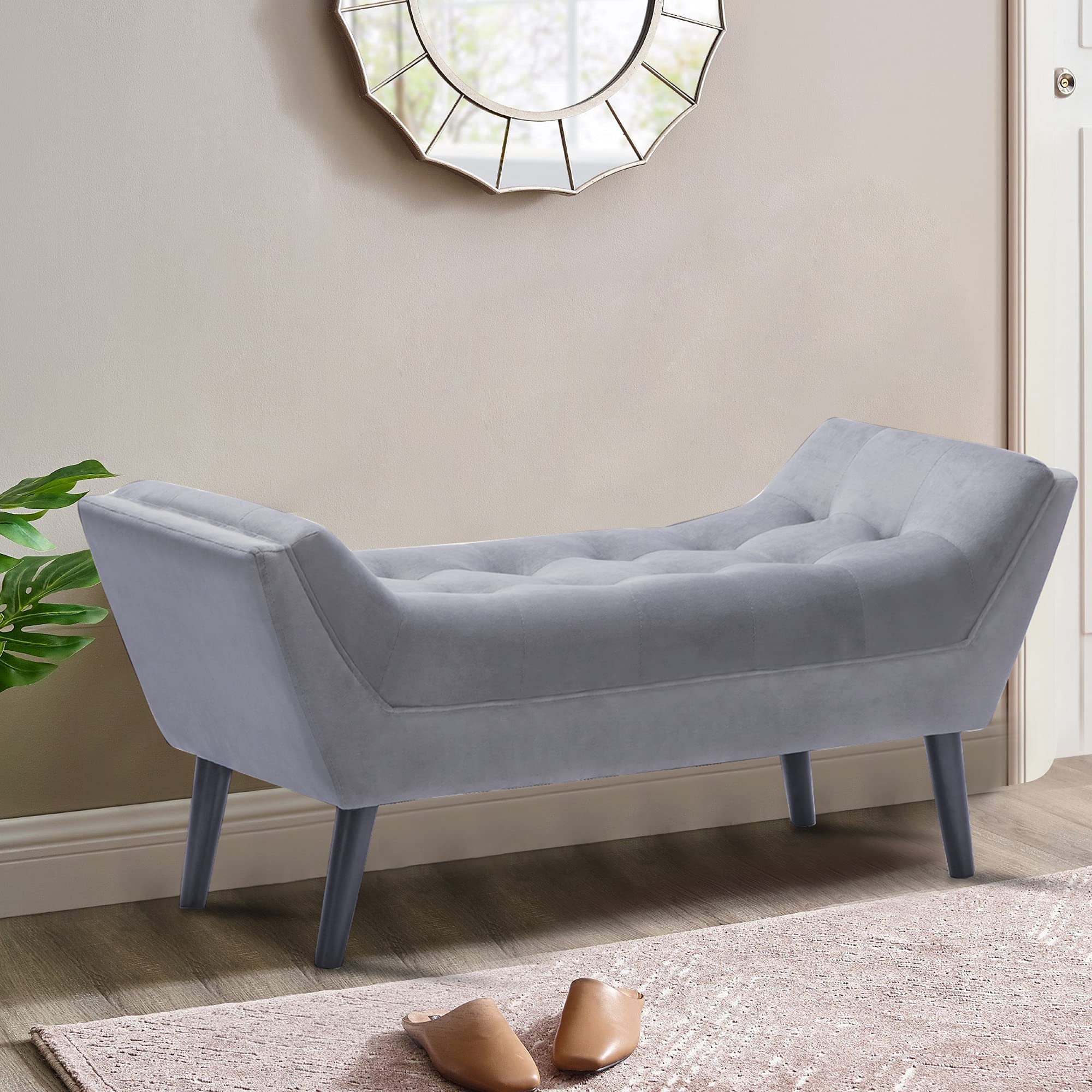 Velvet Tufted Ottoman Bench with Storage - Light Gray Upholstered Bed Bench for Bedroom, Entryway, or Living Room - 2-Seater Footstool with Wooden Legs - Perfect for Extra Seating & Stylish Home Decor
