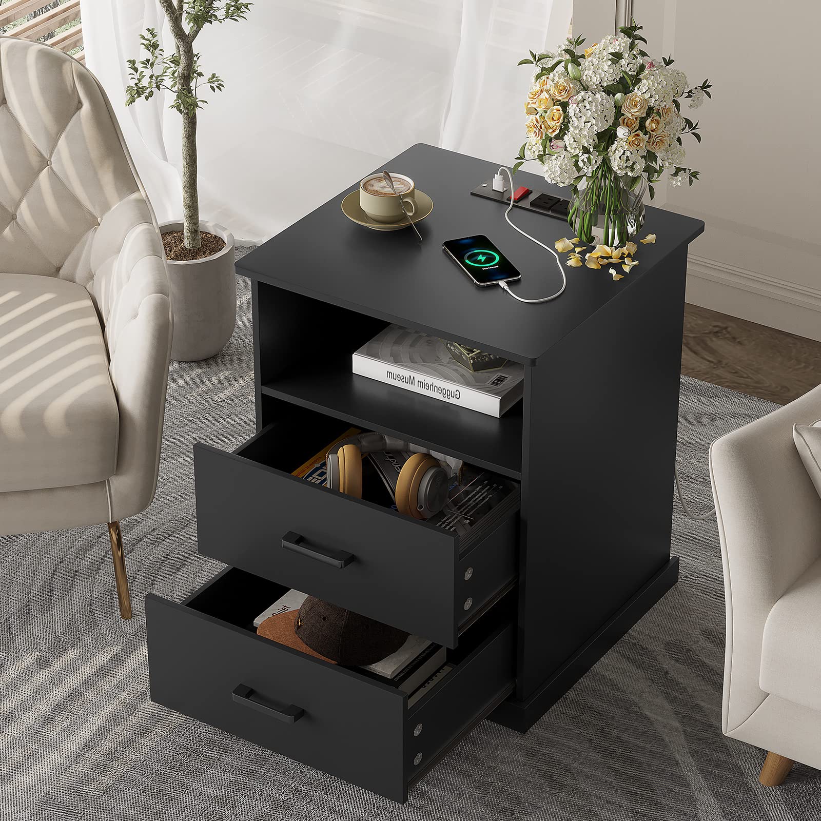 Hasuit Nightstand Set of 2 with Charging Station & Storage - Black Bedside Tables for Bedroom & Office