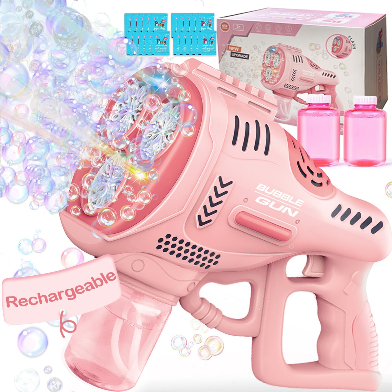 Automatic Bubble Blower Machine for Kids with LED Lights & Bubble Solution - Outdoor Bubble Gun Toy for Ages 4-12, Perfect for Birthday Parties, Backyard Play & Summer Fun