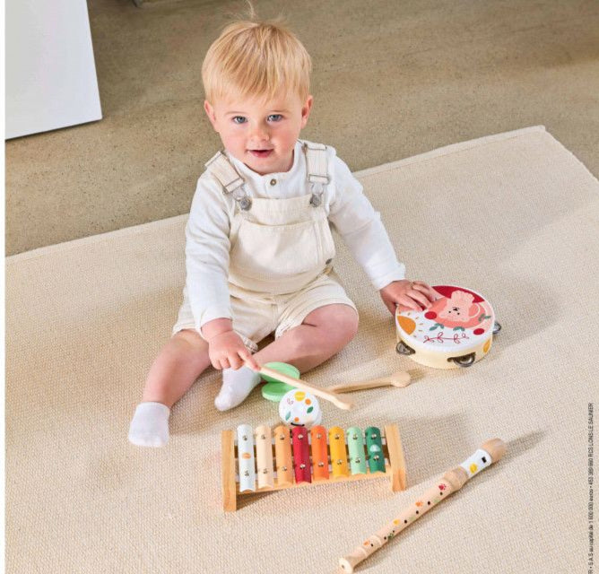 Janod Musical Set of 5 Wooden Instruments for Kids - Sunshine Themed Percussion Toys for Early Childhood Development - Perfect for Preschool Music Education & Sensory Play