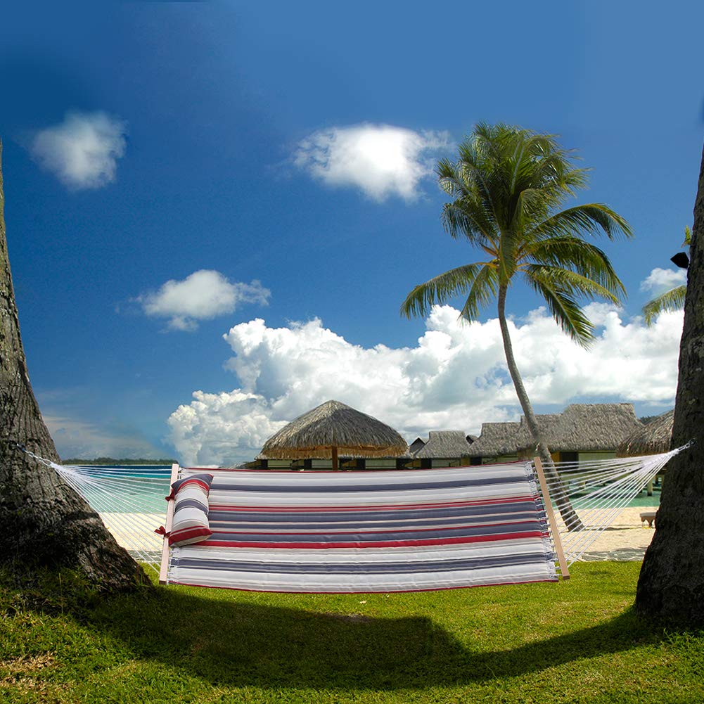 Premium Quilted Fabric Double Hammock with Pillow - Heavy Duty Hardwood Spreader Bar - 450lb Capacity Outdoor Hammock for Adults - Red Navy Stripe - Perfect for Patio, Garden, Pool & Beach Relaxation