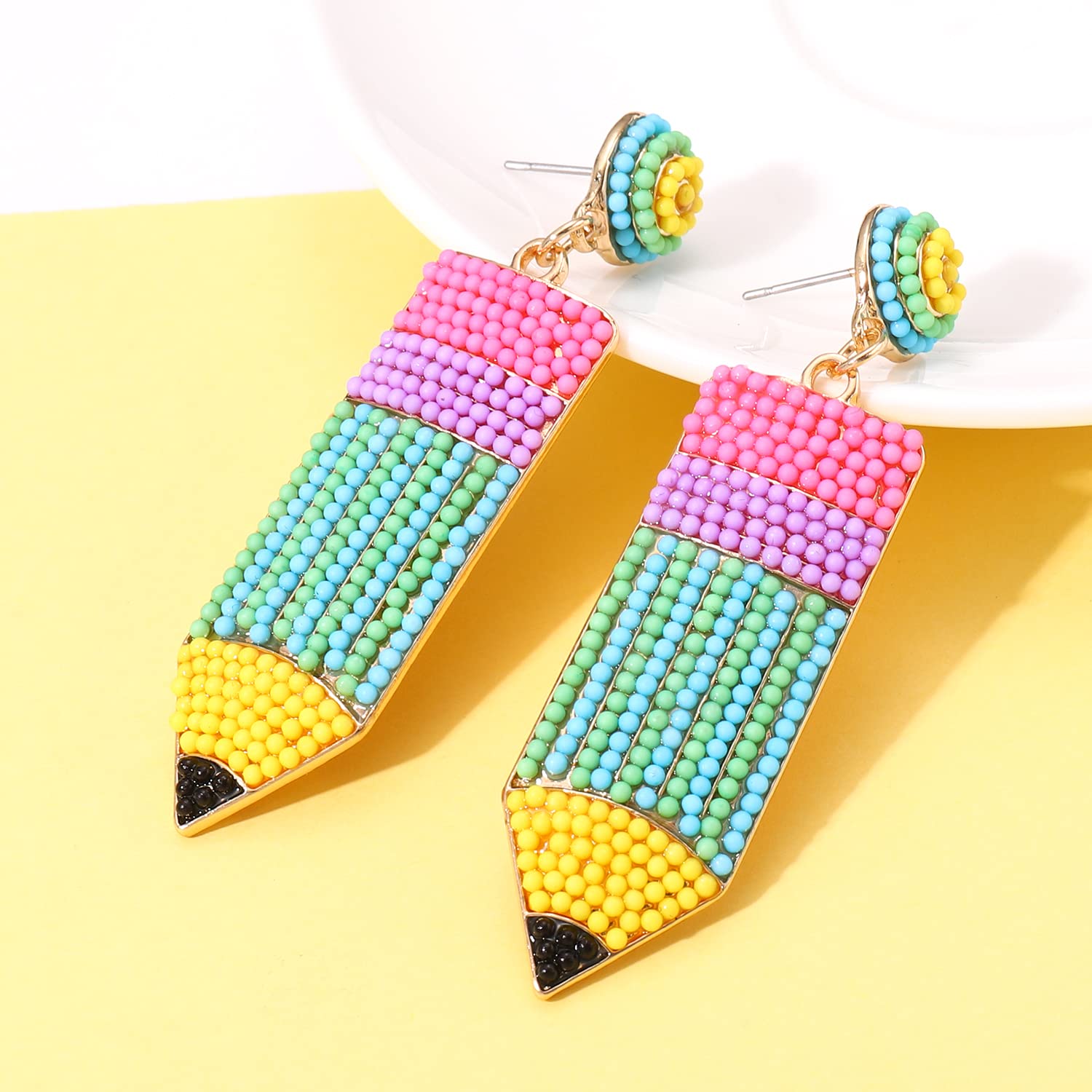 Handmade Beaded Pencil & Apple Dangle Earrings for Teachers - Hypoallergenic Funny Jewelry Gift | Teacher Appreciation, Back to School Decor, Women's Fashion Accessories | Perfect for Classroom, Graduation & Teacher's Day Celebrations