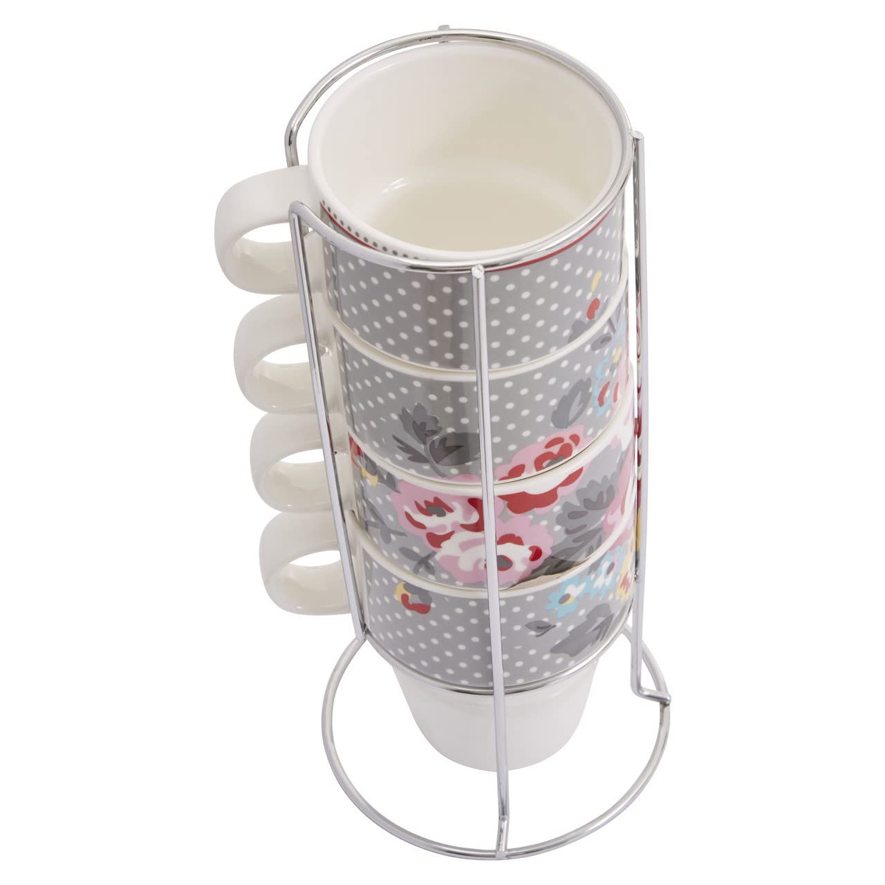 Premier Housewares 4-Piece 330ml Espresso Coffee Cups Set - Bone China with Chrome Stacking Mug Holder (10.5x11x8.5cm Each, 25x11x11cm Stand) - Perfect for Home, Café & Office Use