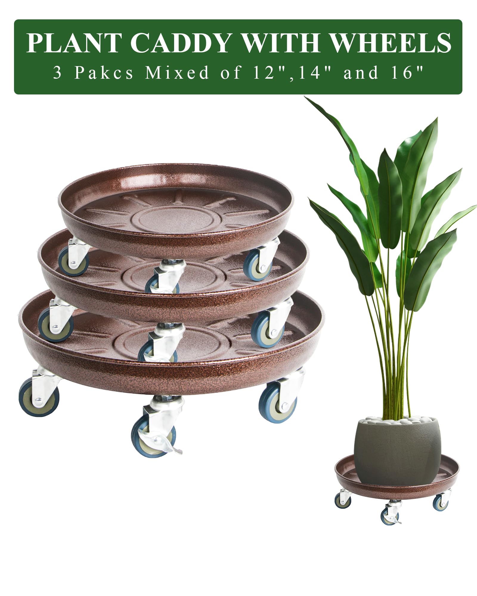 Heavy Duty Metal Plant Caddy with Wheels - 3 Pack Round Flower Pot Movers (12