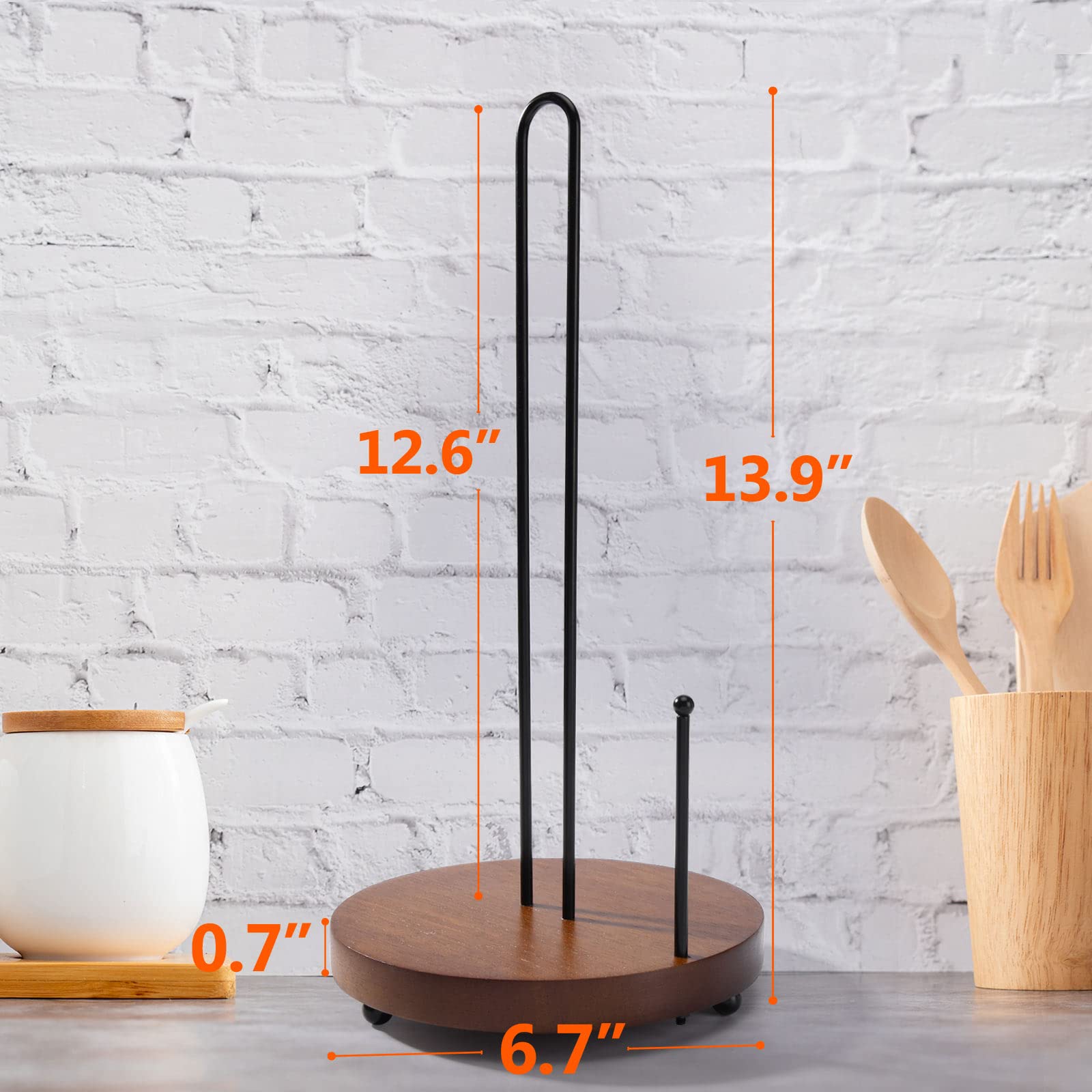 Lorbro Rustic Farmhouse Paper Towel Holder - Heavy Duty Wood Base Countertop Stand for Kitchen, Bathroom, and Home Decor - Brown