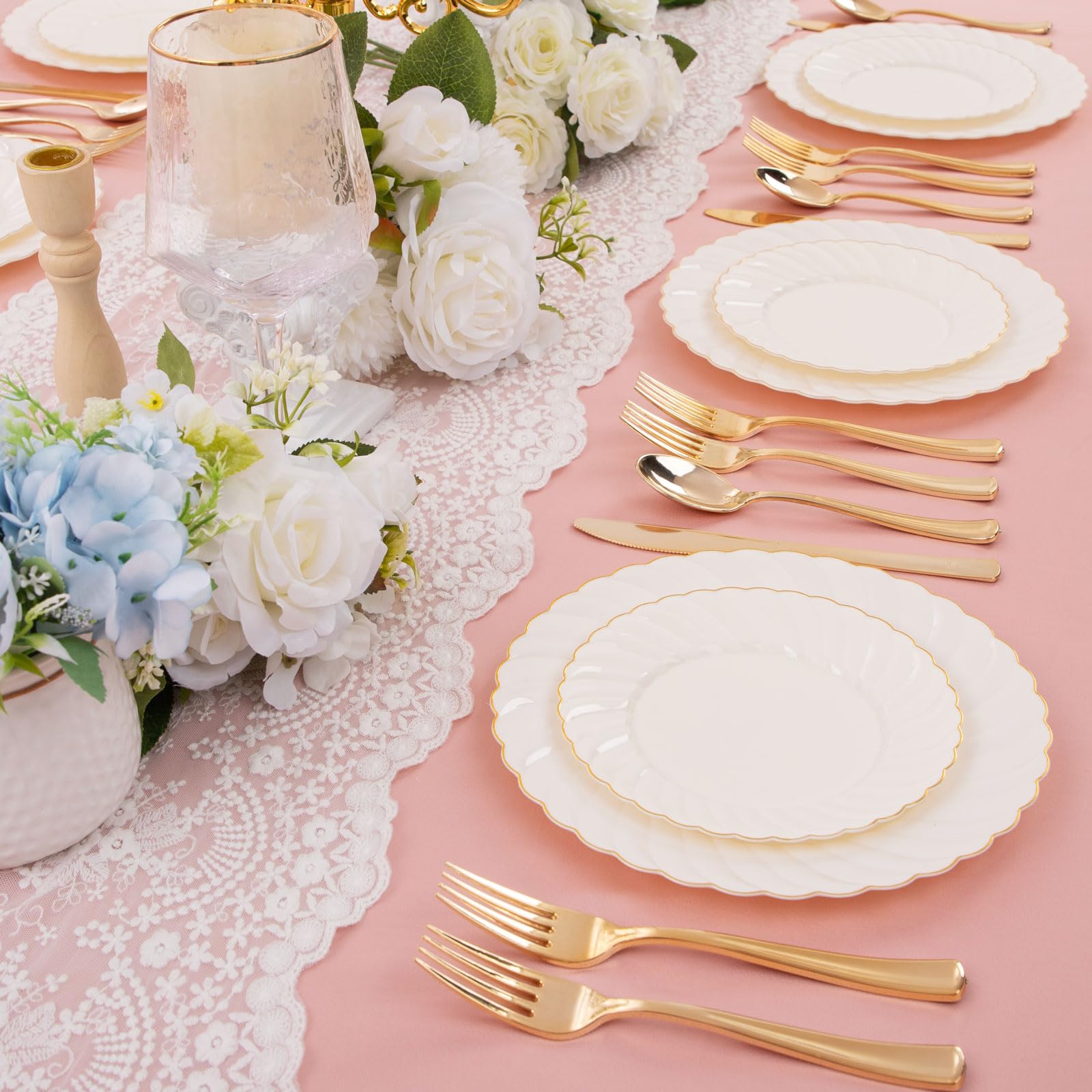 Premium 100-Piece Ivory Scalloped Plastic Plates Set with Gold Rim - Elegant Disposable Dinnerware for Parties, Weddings & Events - Includes 50x 9