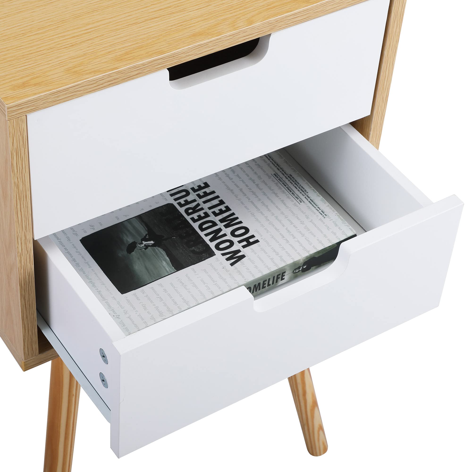 Mid-Century Modern Nightstand Set of 2 - Wooden Bedside Tables with 2 Drawers - Solid Wood End Tables for Bedroom, Living Room & Office - Perfect for Small Spaces & Apartment Decor (A Wood)