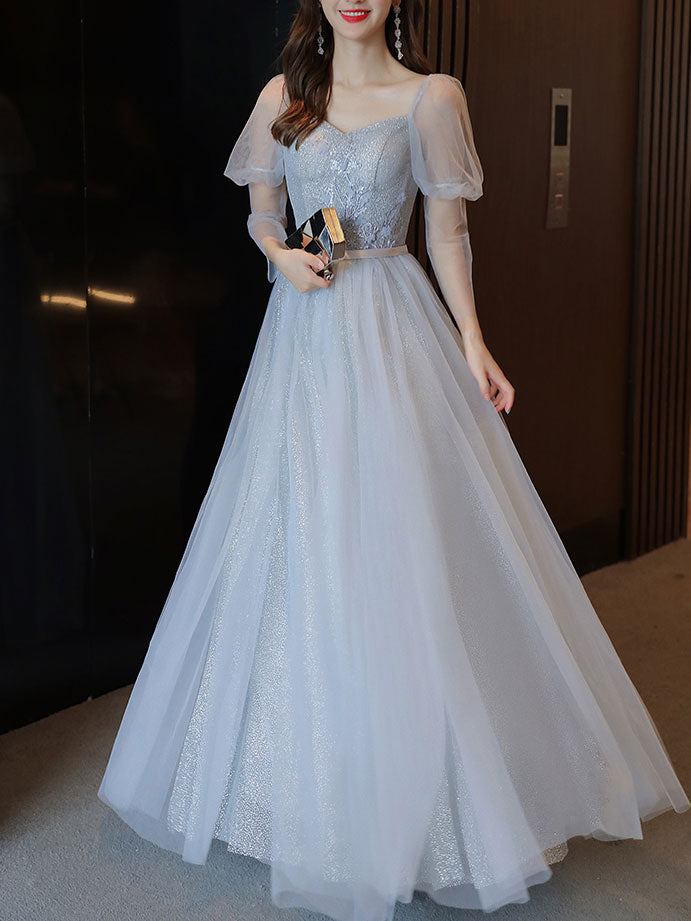 Elegant Light Blue Tulle Lace Long Prom Dress & Bridesmaid Gown - Perfect for Formal Dances, Weddings and Special Occasions