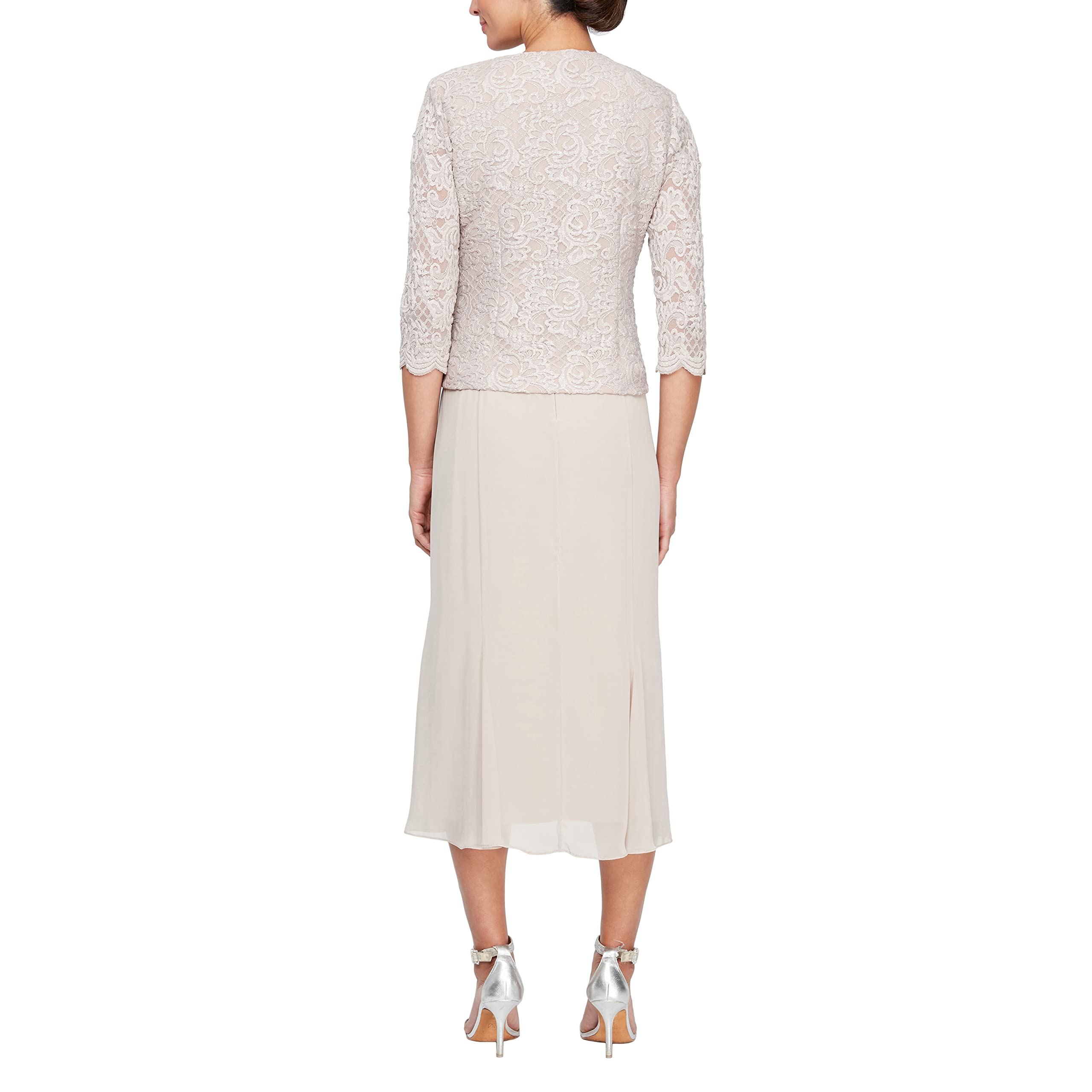 Alex Evenings Women's Tea Length Formal Dress for Weddings & Special Occasions | Petite & Regular Sizes | Taupe Buttonless Jacket | Size 10 | Perfect for Bridal Showers, Cocktail Parties & Evening Events