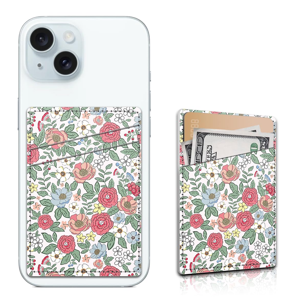 Leather Card Holder for Phone Case - Dual Pocket Stick-On Wallet for iPhone & Android - Small Flower Design - Perfect for Travel, Shopping & Everyday Use