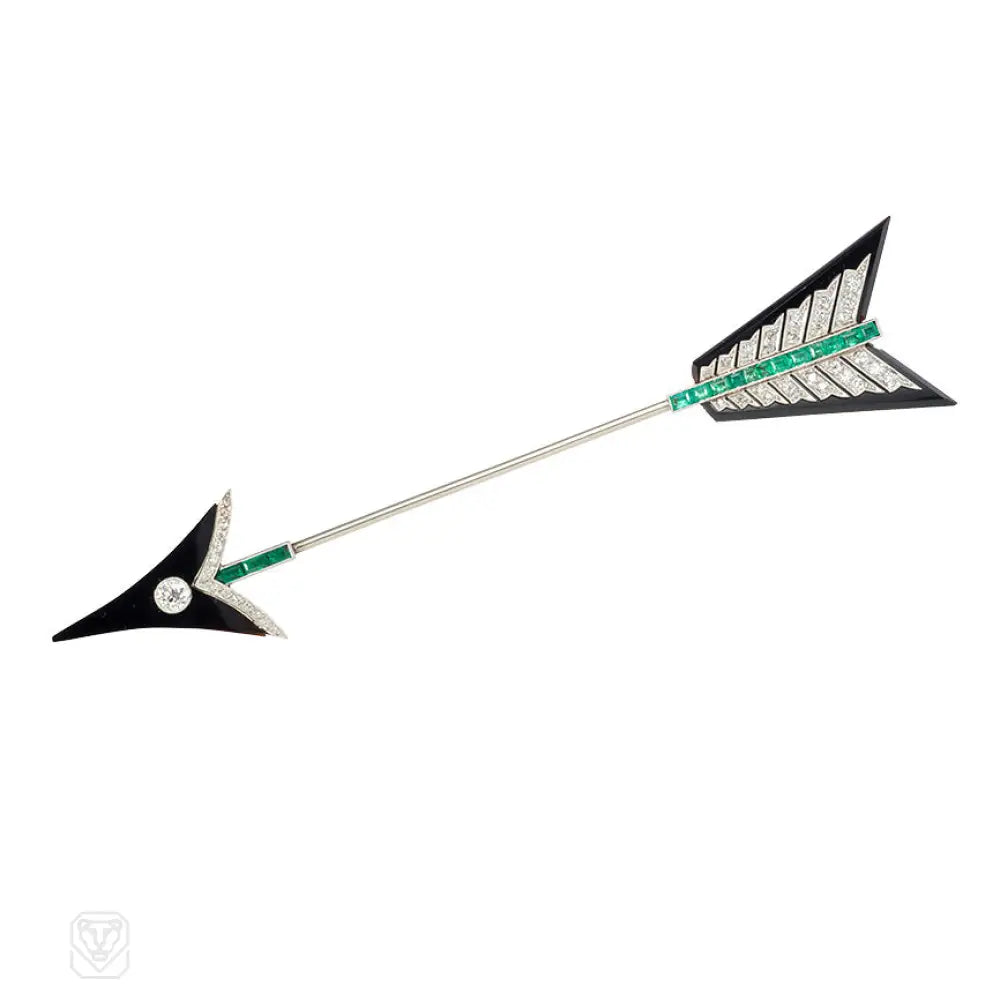 Vintage Art Deco Onyx Diamond Emerald Arrow Jabot Brooch - Elegant Antique Jewelry for Evening Gowns, Bridal Accessories & Special Occasions