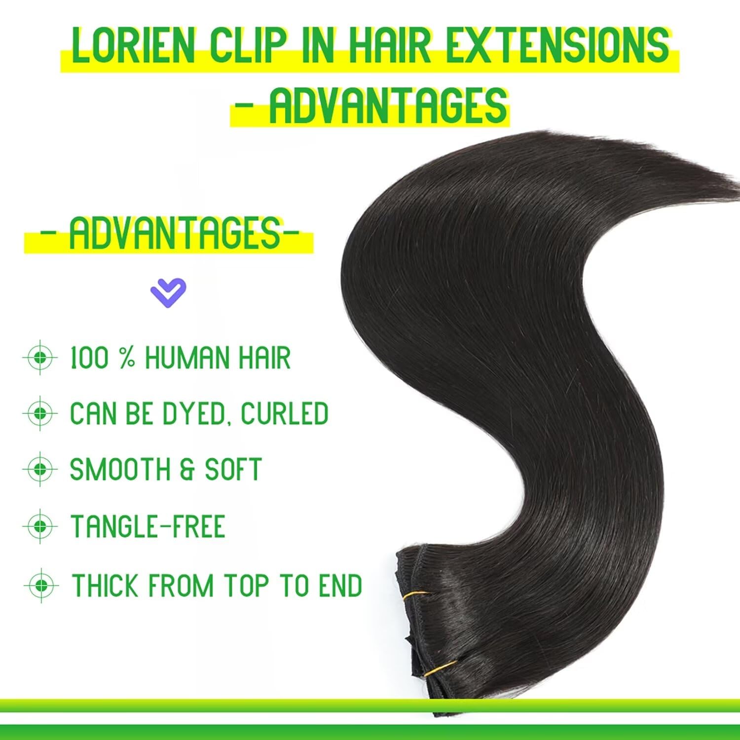 LORIEN 16 Inch Clip-in Human Hair Extensions - 100% Brazilian Remy Hair, 1B Natural Black, 90g 8-Piece Set with 18 Double Weft Clips for Volume & Length | Perfect for Parties, Weddings & Daily Styling