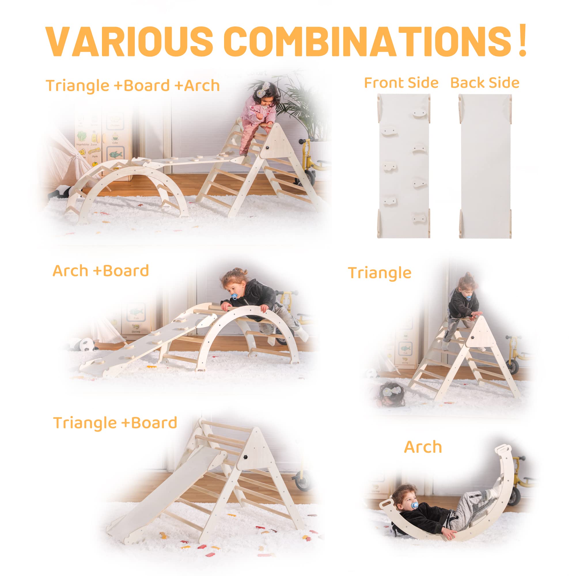 Foldable 5-in-1 Pikler Triangle Set with Arch, Ramp & Climbing Triangle - Montessori Wooden Climbing Toy for Toddlers Ages 2-6 - Indoor Play Gym for Kids - Natural Wood - Perfect for Home Playrooms, Daycares & Montessori Classrooms