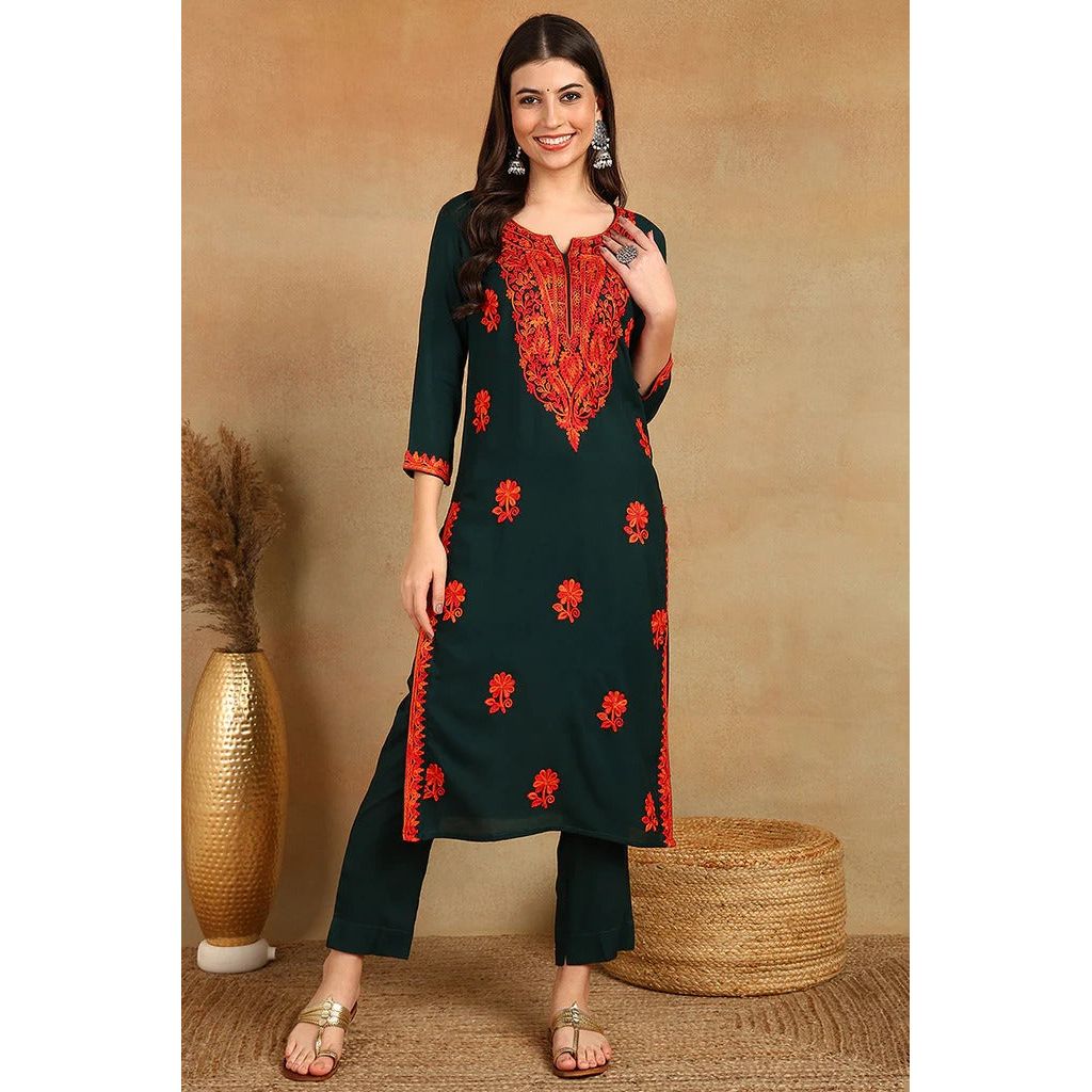 Stylish Green Embroidered Viscose Rayon Straight Cut Kurta for Women | Comfortable Ethnic Tunic Top | Perfect for Festivals, Parties & Casual Wear