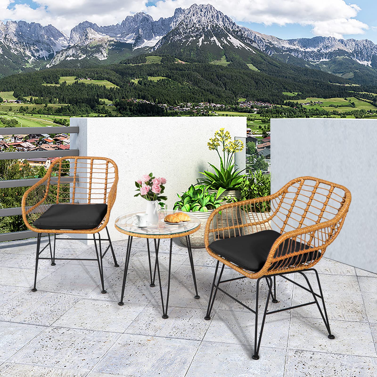 **HAPPYGRILL 3-Piece Rattan Bistro Set with Steel Frame, Round Coffee Table & Soft Cushions - Outdoor Patio Furniture for Garden, Balcony, or Poolside Relaxation**