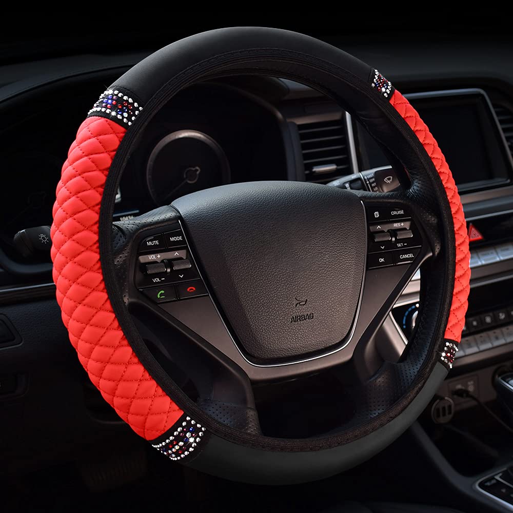 Gophly 15 Inch Universal Red and Black Diamond Steering Wheel Cover - Soft, Breathable, Anti-Skid Car Accessory for Women & Girls | Perfect for Daily Commute, Road Trips and Luxury Car Interior Upgrade