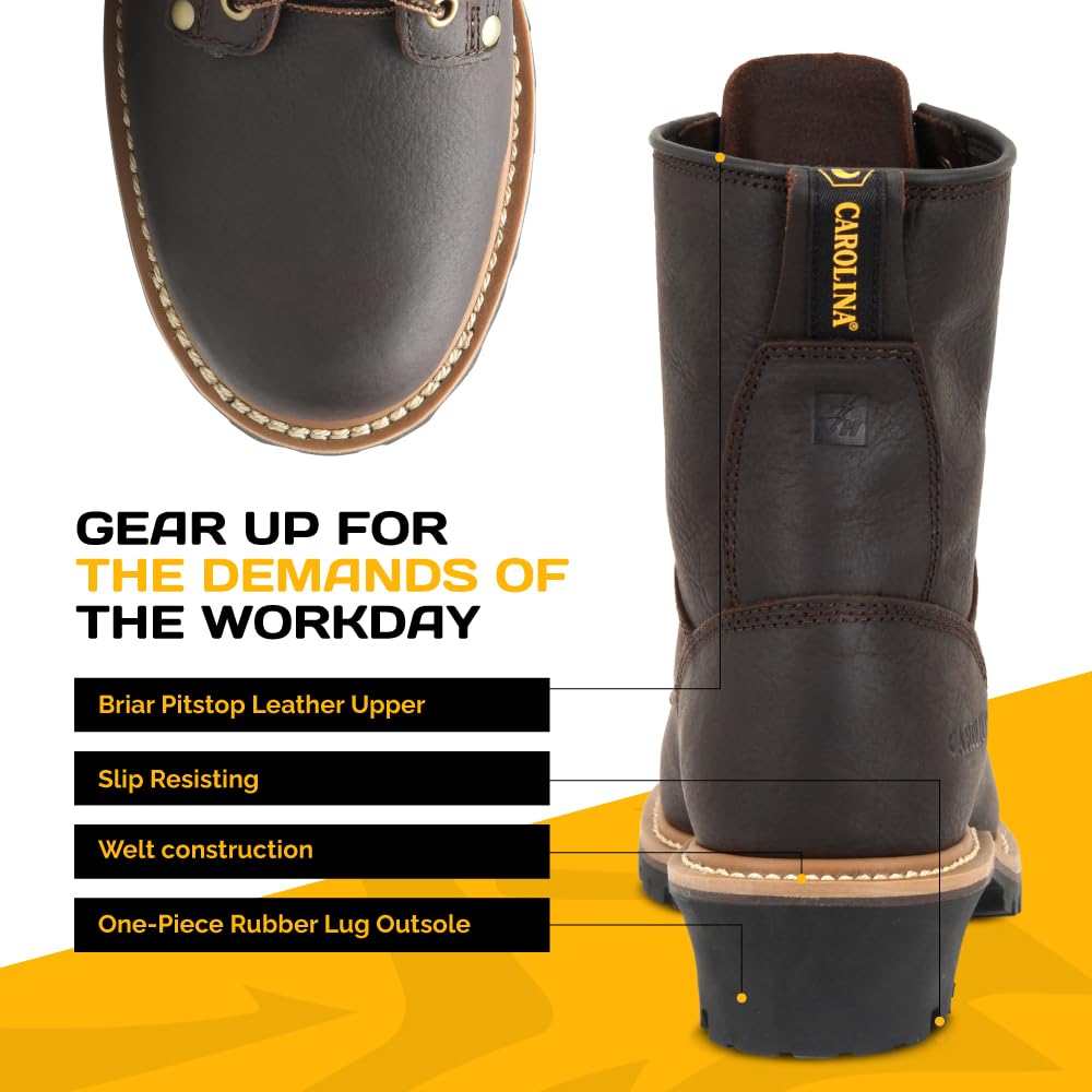 Men's Carolina Elm 8-Inch Unlined Logger Work Boots - Genuine Leather Upper, Comfortable Pillow Cushion Footbed, Oil & Slip Resistant Welted Outsole, EH Safety Rated - Perfect for Construction, Logging & Outdoor Work