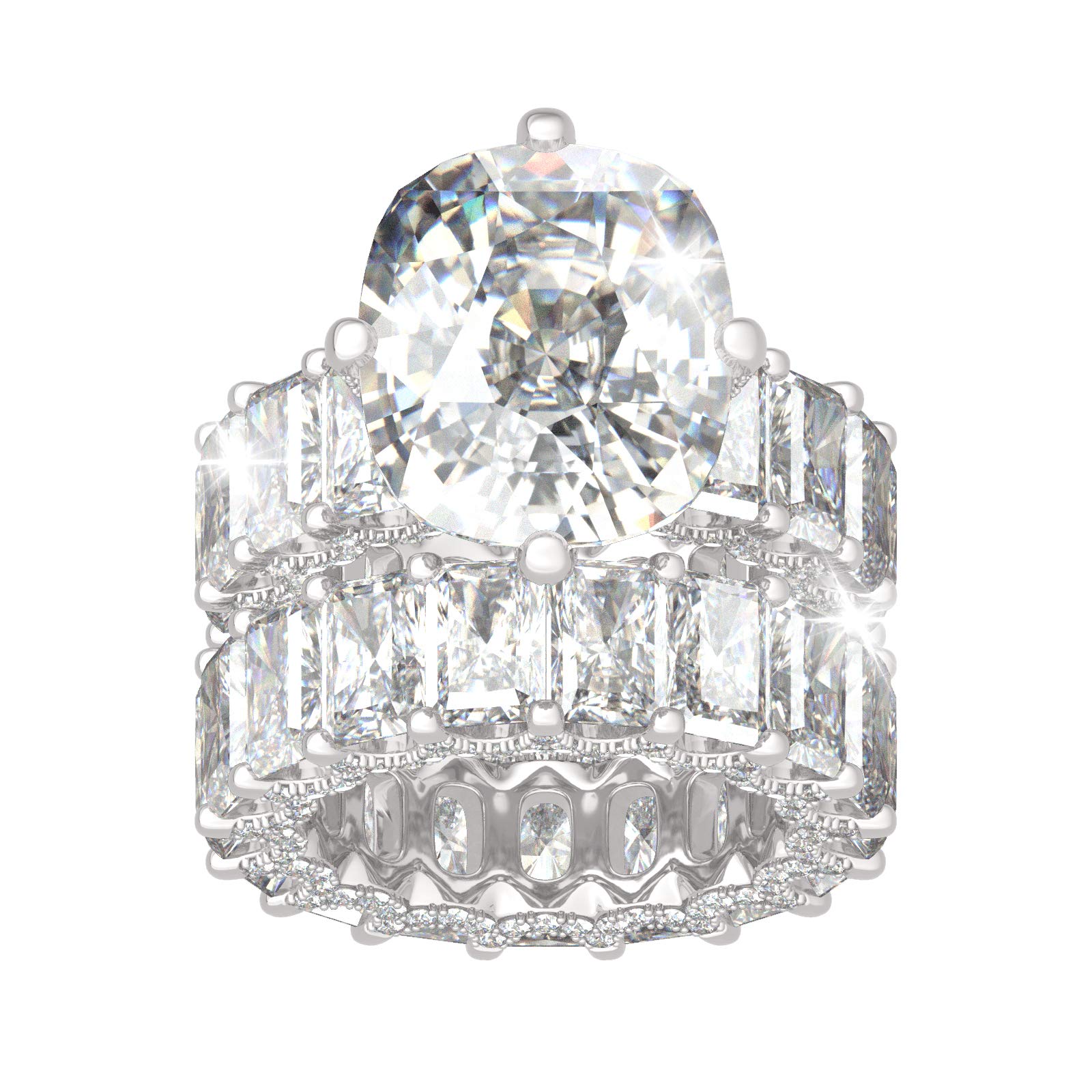 Jeulia Sterling Silver Cushion Cut Three-Sided Pave Eternity Ring Set - Cubic Zirconia Art Deco Halo Wedding, Engagement & Anniversary Rings for Women | Perfect for Bridal Jewelry, Proposal Gift & Special Occasions