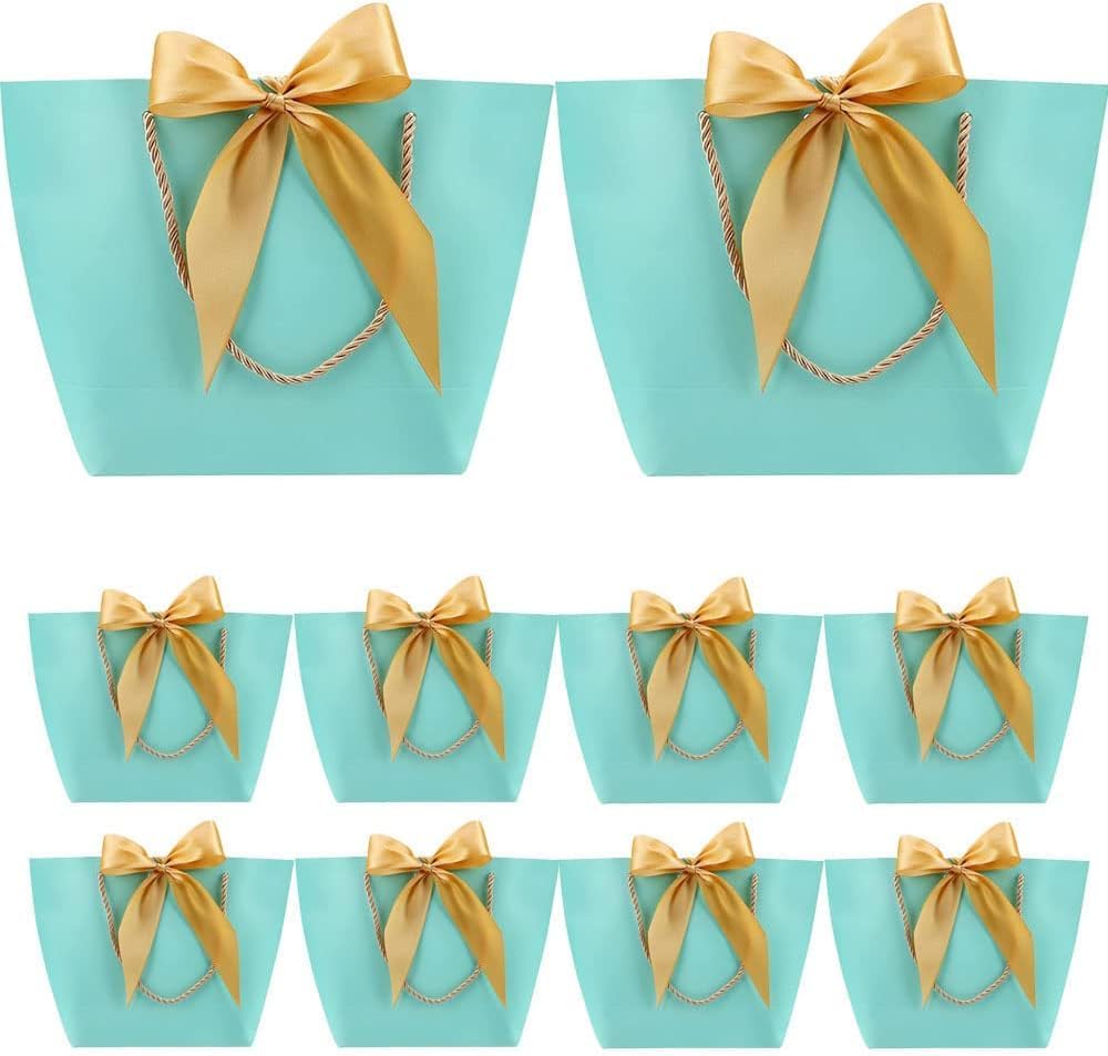 SATYAM KRAFT 6-Piece Light Blue Gift Paper Bags with Golden Bow Handles - Perfect for Christmas, Birthday, Wedding Favors & Party Favors | Elegant Goodie Bags for Holiday Gifting, Seasonal Celebrations & Special Occasions