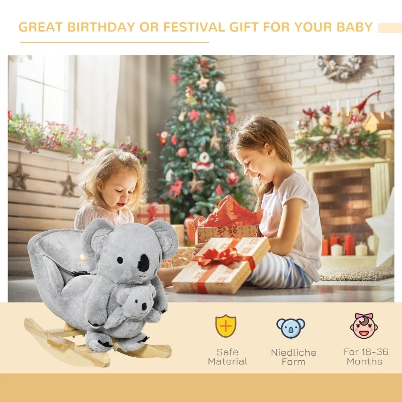 Soft Plush Koala Rocking Horse for Kids - Cute Ride-On Toy with Gloved Doll, Grey - Perfect for Playrooms, Nursery Decor & Toddler Gifts