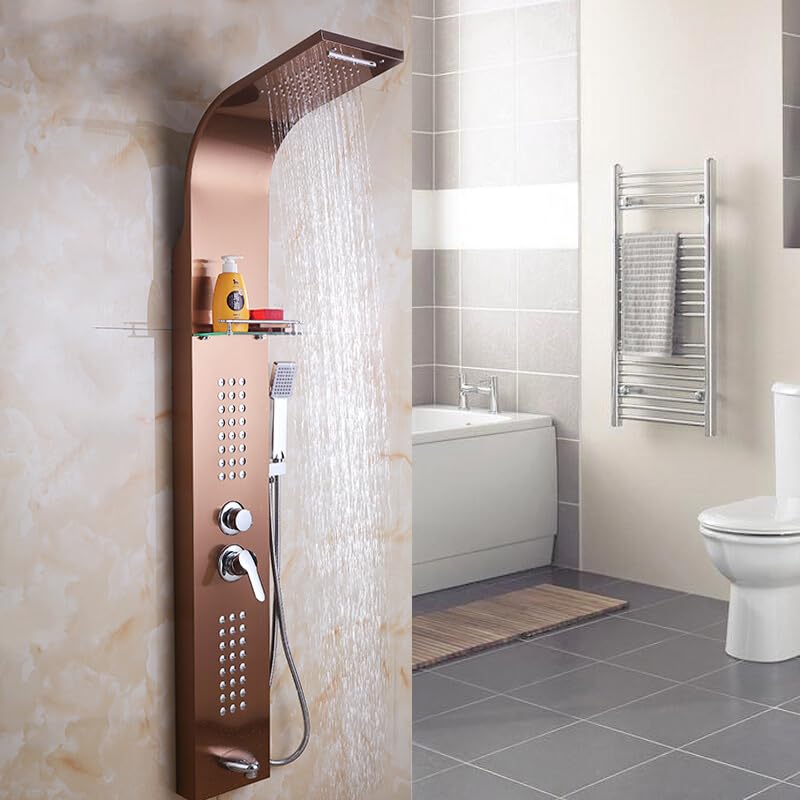 Premium 304 Stainless Steel 5-in-1 Shower Panel System with Waterfall, Rainfall, Body Massage Jets, Handheld Shower & Glass Shelf - Rose Gold Finish | Luxury Bathroom Upgrade for Spa-Like Experience