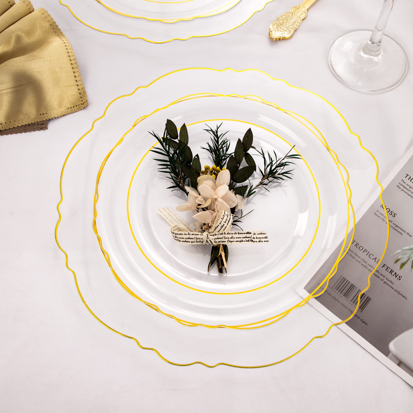 100-Pack Elegant Clear Plastic Plates with Gold Trim - Baroque Style Disposable Dinnerware Set for Weddings, Parties & Events (50x 10.25