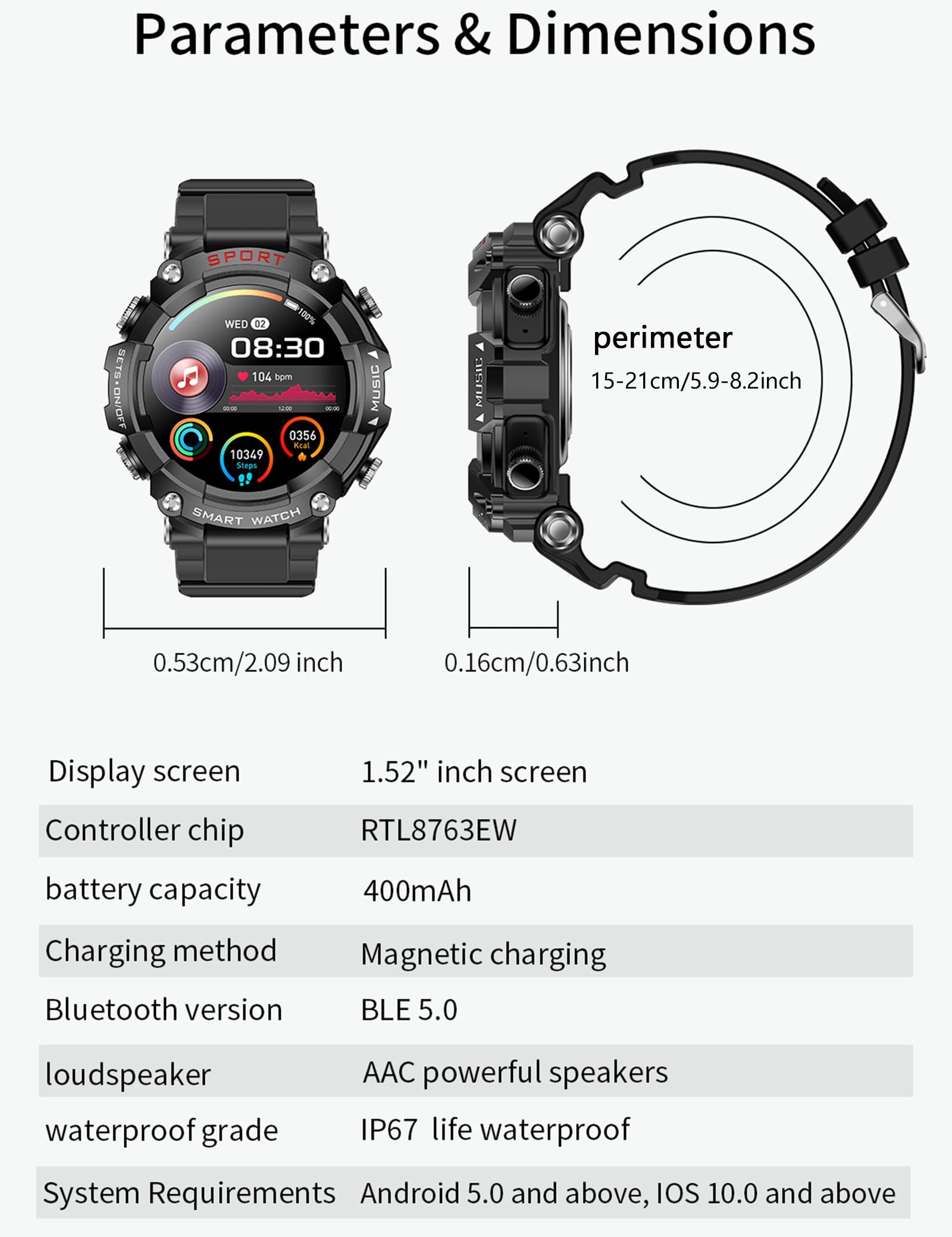 1.52'' HD Rugged Military Smart Watch with Bluetooth Earbuds - 3-in-1 Fitness Tracker with Heart Rate Monitor, Sleep Tracking & Local Music Storage | Perfect for Outdoor Activities, Workouts & Daily Use