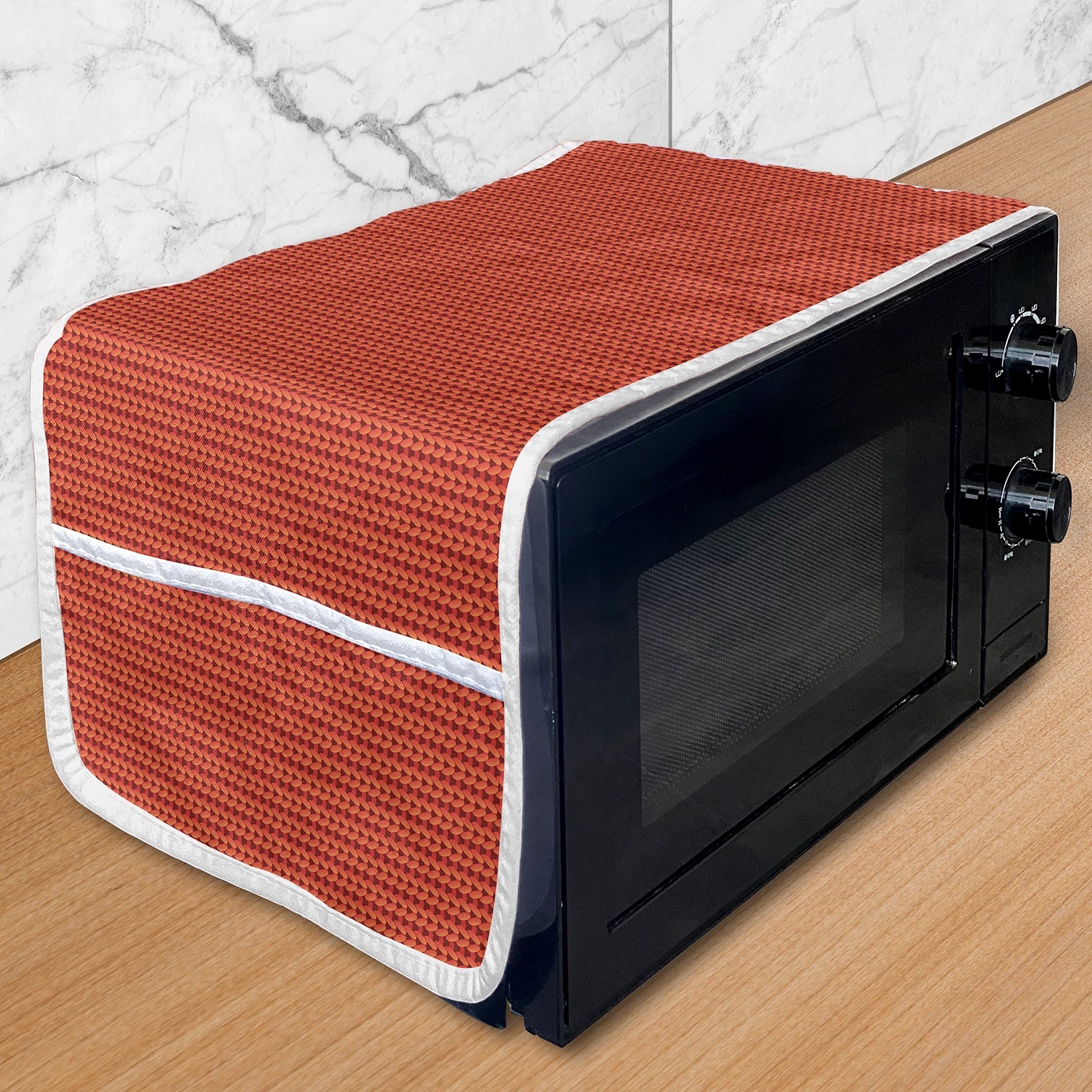 Ambesonne Modern Microwave Cover - Knit Design Handmade Vintage Pattern, Waterproof Kitchen Organizer with Pockets, 36 x 12 Inches, Scarlet Red & Black - Perfect for Microwave Protection and Kitchen Decor