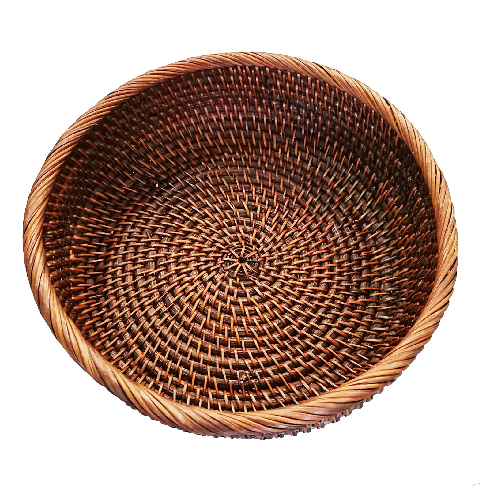 9 Inch Round Rattan Bowl Basket - Handmade Wicker Tray with Scalloped Edge & 3