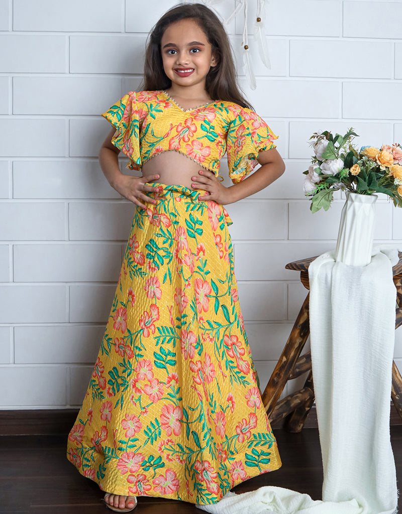 All-Season Designer Kids Lehenga Choli Set - Yellow Chinon Sequins Crochet with Digital Print for Festivals, Weddings & Special Occasions