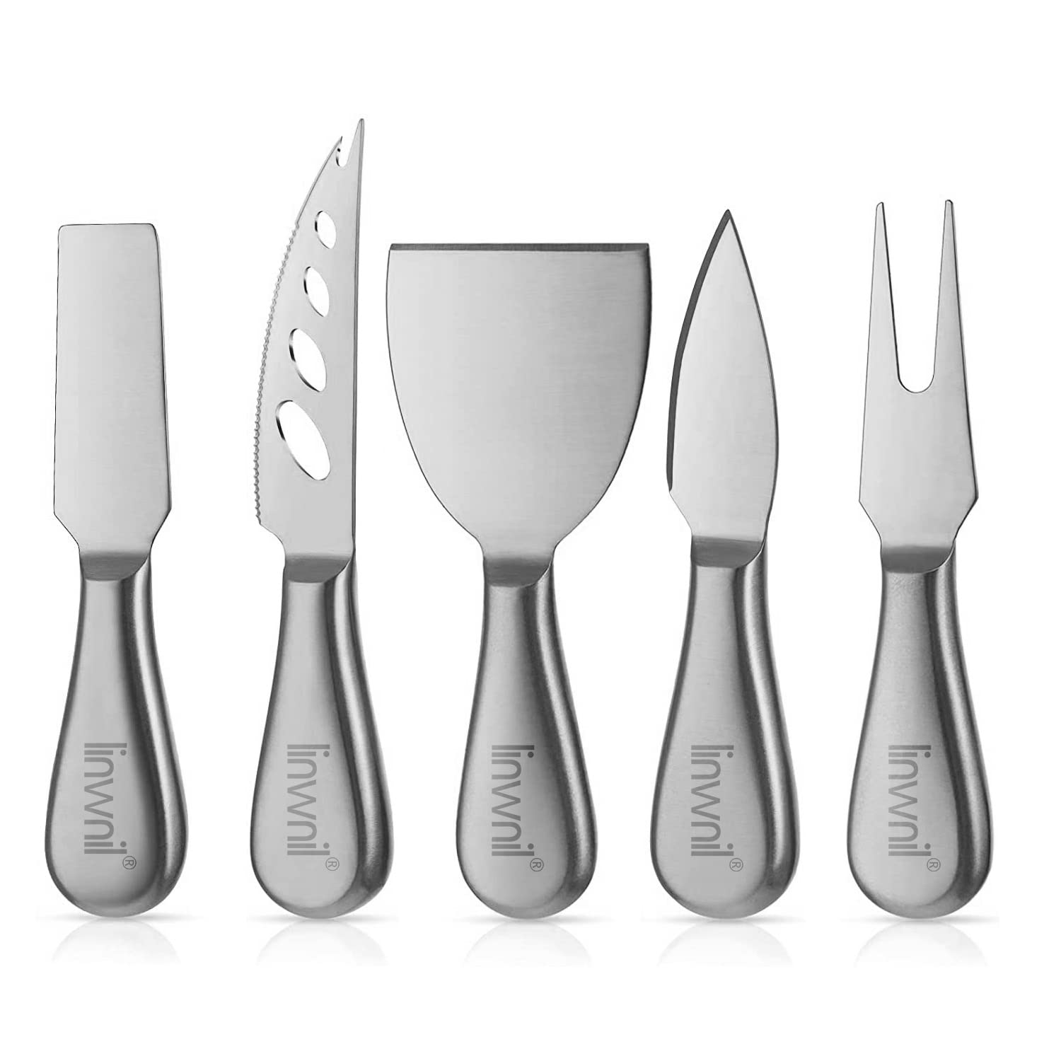Premium 5-Piece Cheese Knife Set with Gift Box - Stainless Steel Cheese Butter Spreader & Slicer Knives, Includes 5 Coffee Spoons & 5 Fruit Forks - Perfect for Wine Parties, Charcuterie Boards & Gourmet Cheese Tasting