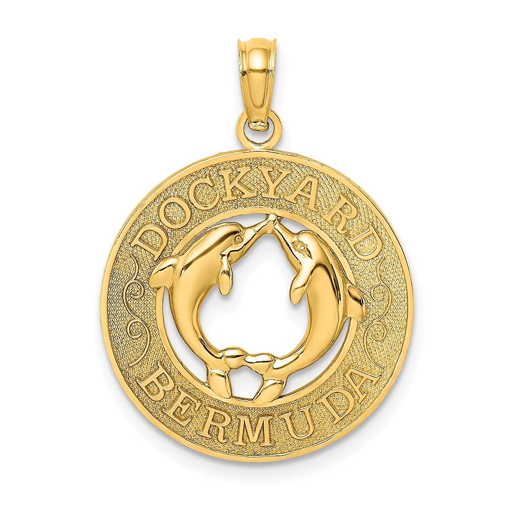 14K Yellow Gold Dockyard Bermuda Round Frame Pendant with Dolphins Charm - Elegant Fine Jewelry for Women | Perfect for Gifts, Anniversaries & Special Occasions