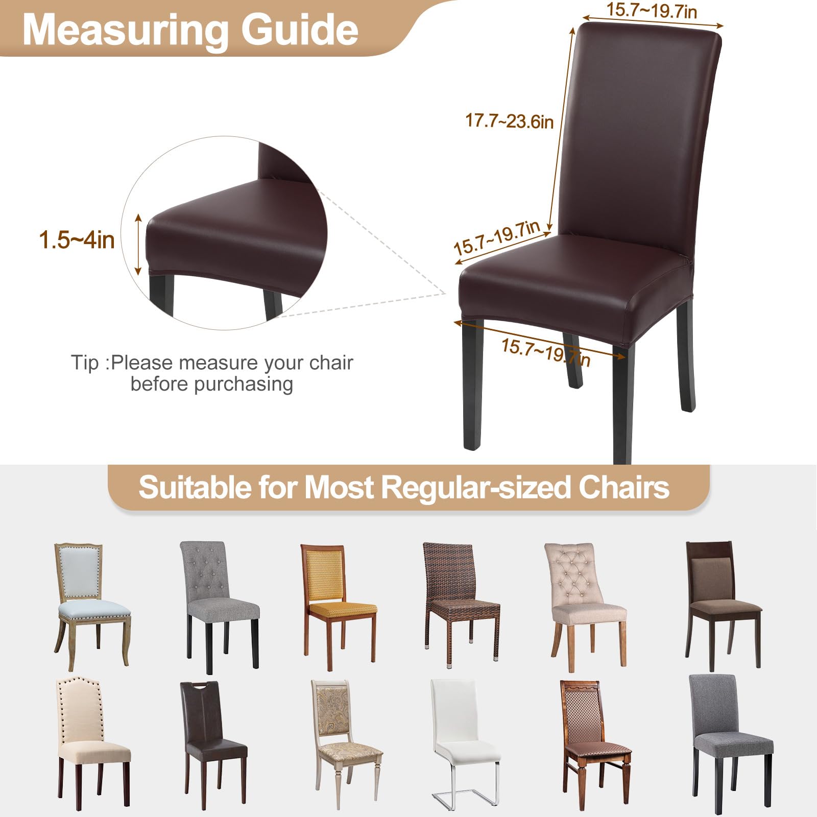 Waterproof PU Leather Dining Chair Covers Set of 6 - Stretch Oil-Resistant Parsons Chair Slipcovers, Washable Kitchen Chair Protectors for Dining Room (Brown) | Perfect for Home, Restaurant, and Office Use