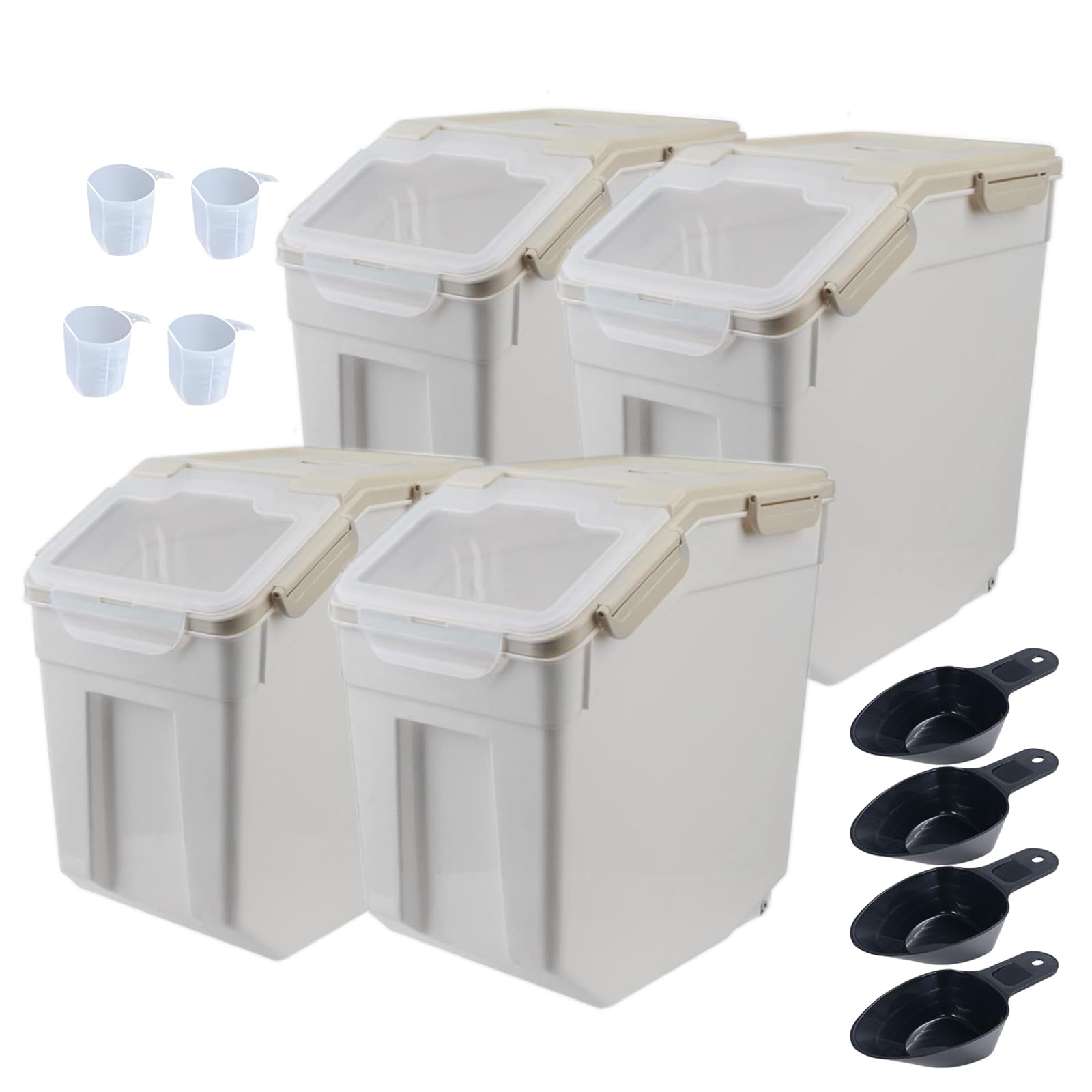 25lb Large Airtight Flour Storage Container with Wheels - 4 Pack BPA-Free Food Storage Bins with Seal Locking Lid & Measuring Scoop - Perfect for Flour, Rice, Grains, Sugar, Baking Ingredients (Gray) - Ideal for Kitchen Pantry Organization & Bulk Food Storage