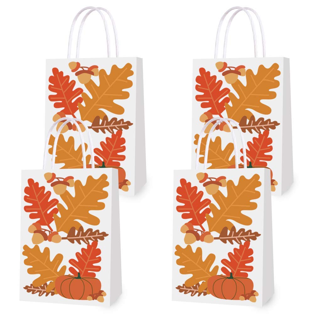BCHOCKS 16-Piece Autumn Gift Bags Set - Maple Leaf, Pumpkin & Chestnut Print Party Favor Bags with Handles | Perfect for Fall Weddings, Birthday Parties, Bridal Showers & Thanksgiving Celebrations