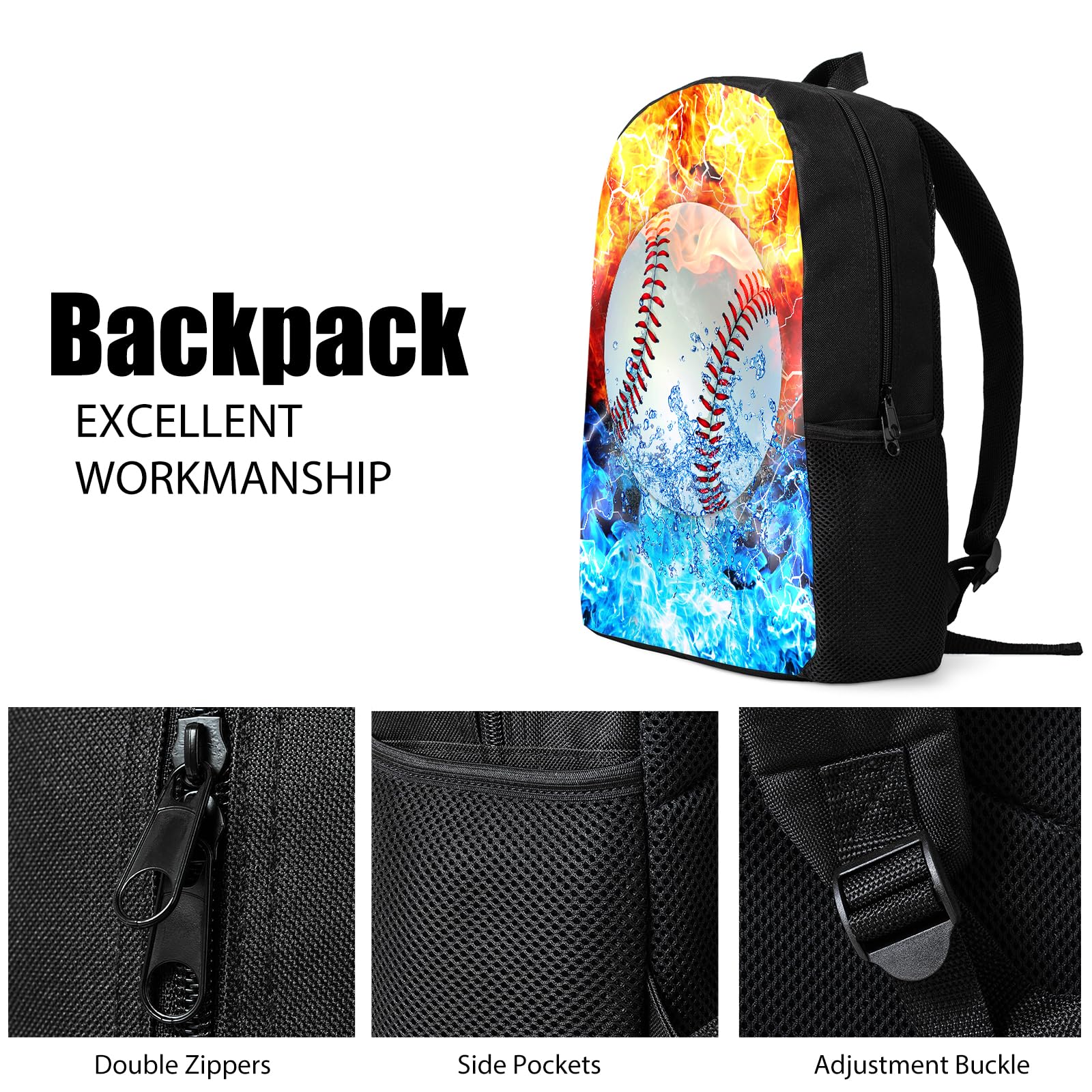 **Kids Backpack Set with Lunch Box & Pencil Case - 3PCS School Backpack for Boys & Girls, Teen Bookbag for Middle & High School Students - Baseball & Fire Design - Perfect for School, Travel & Daily Use**