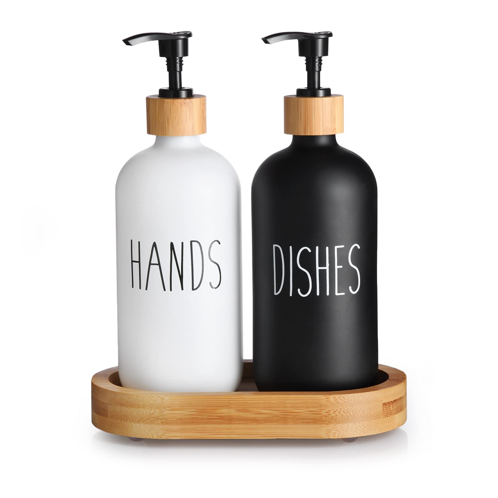 Premium Bamboo Soap Dispenser Set with Tall Tray - Matte Black & White Hand and Dish Soap Pump for Modern, Boho, Farmhouse Kitchens | Perfect for Countertop Organization and Stylish Kitchen Decor
